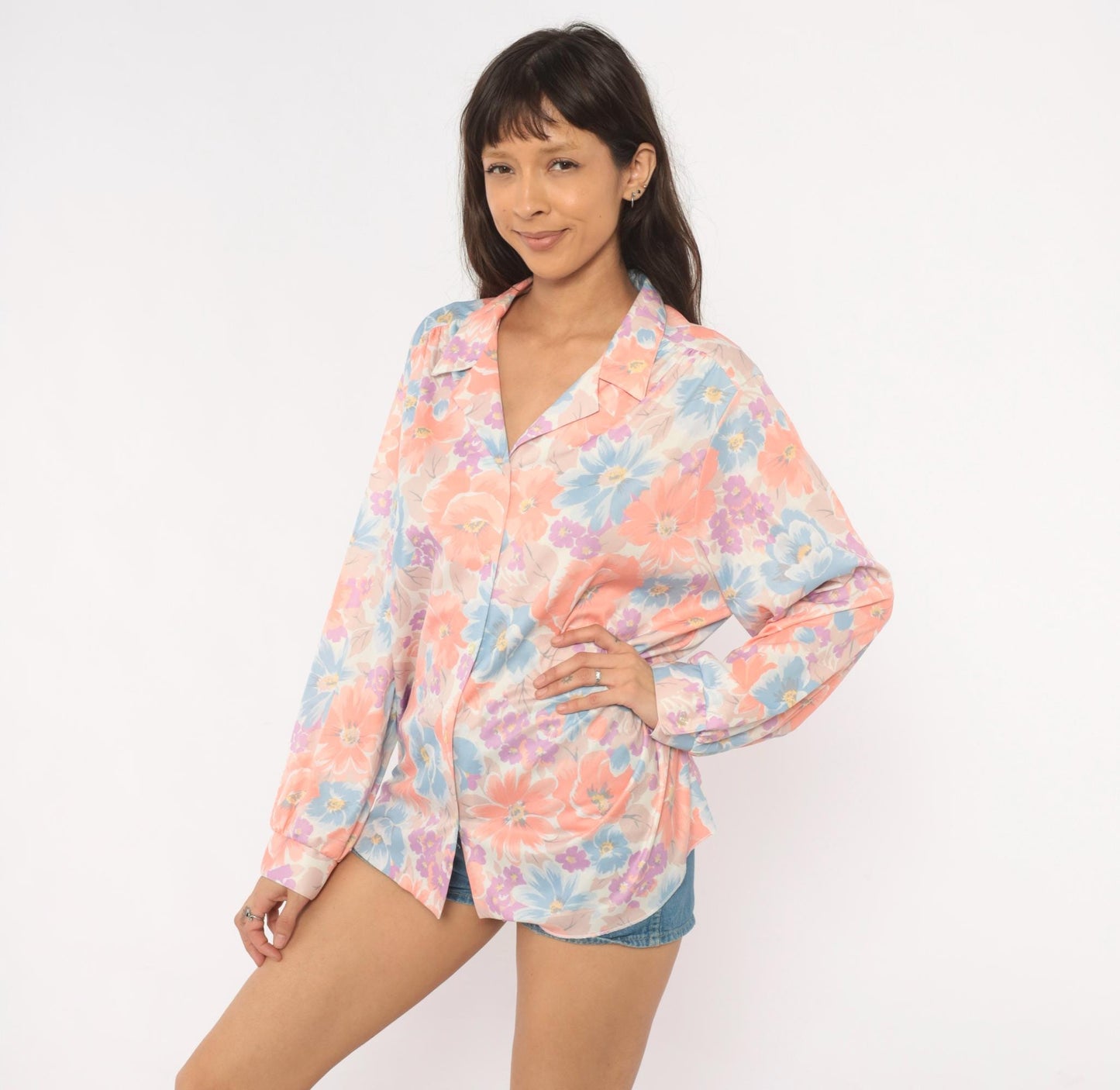 80s The Fire Islander Woman Floral Button Blouse Coral Periwinkle Large L