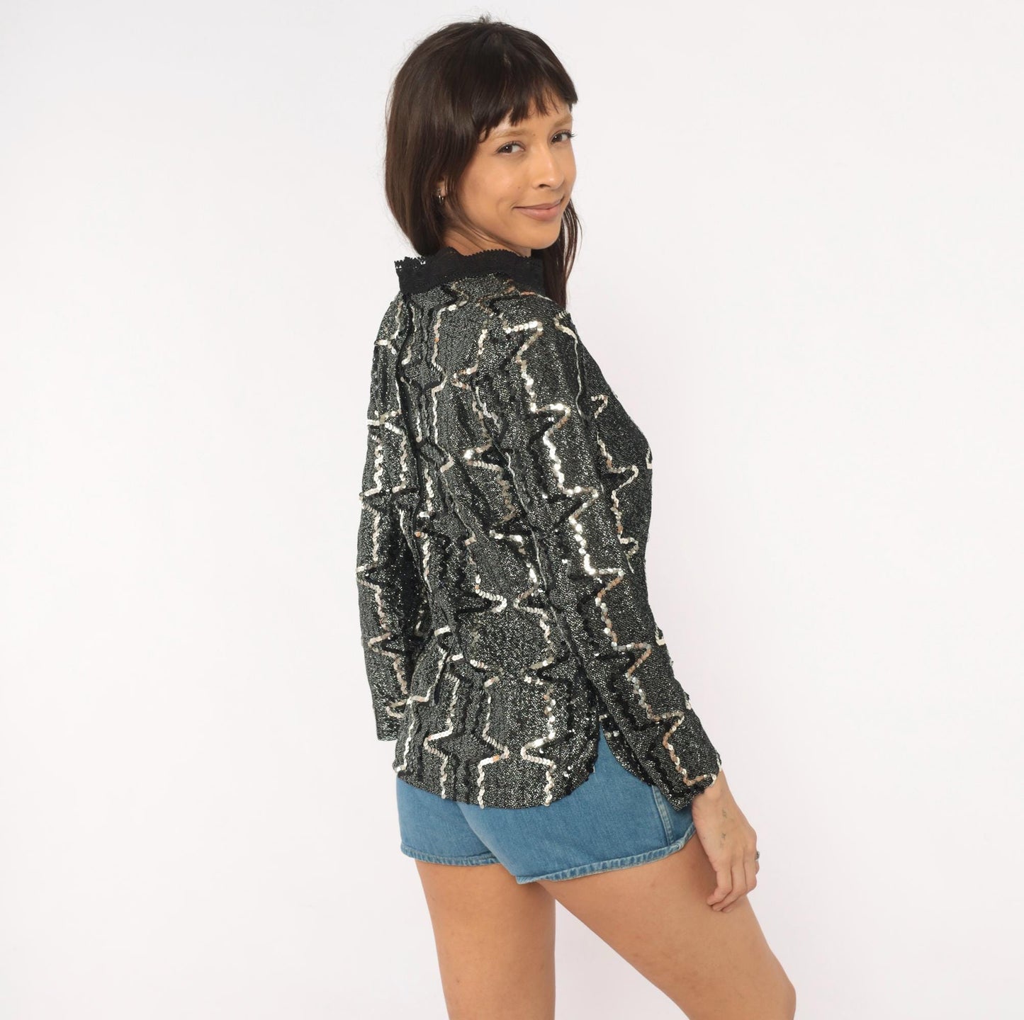 90s Elinor Gay Black Silver Sequin Blouse Geometric Zigzag Long Sleeve Medium