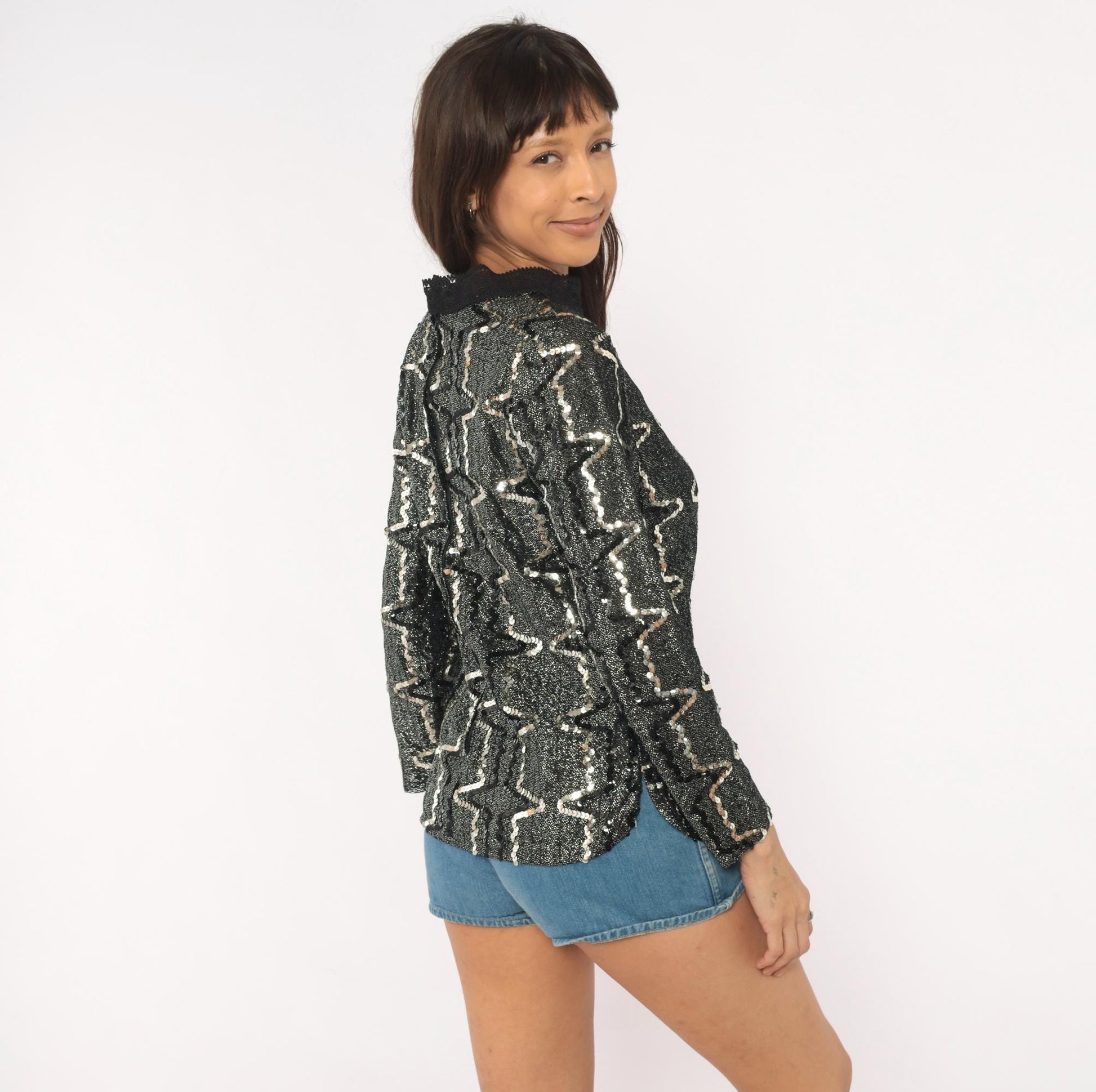 90s Elinor Gay Black Silver Sequin Blouse Geometric Zigzag Long Sleeve Medium