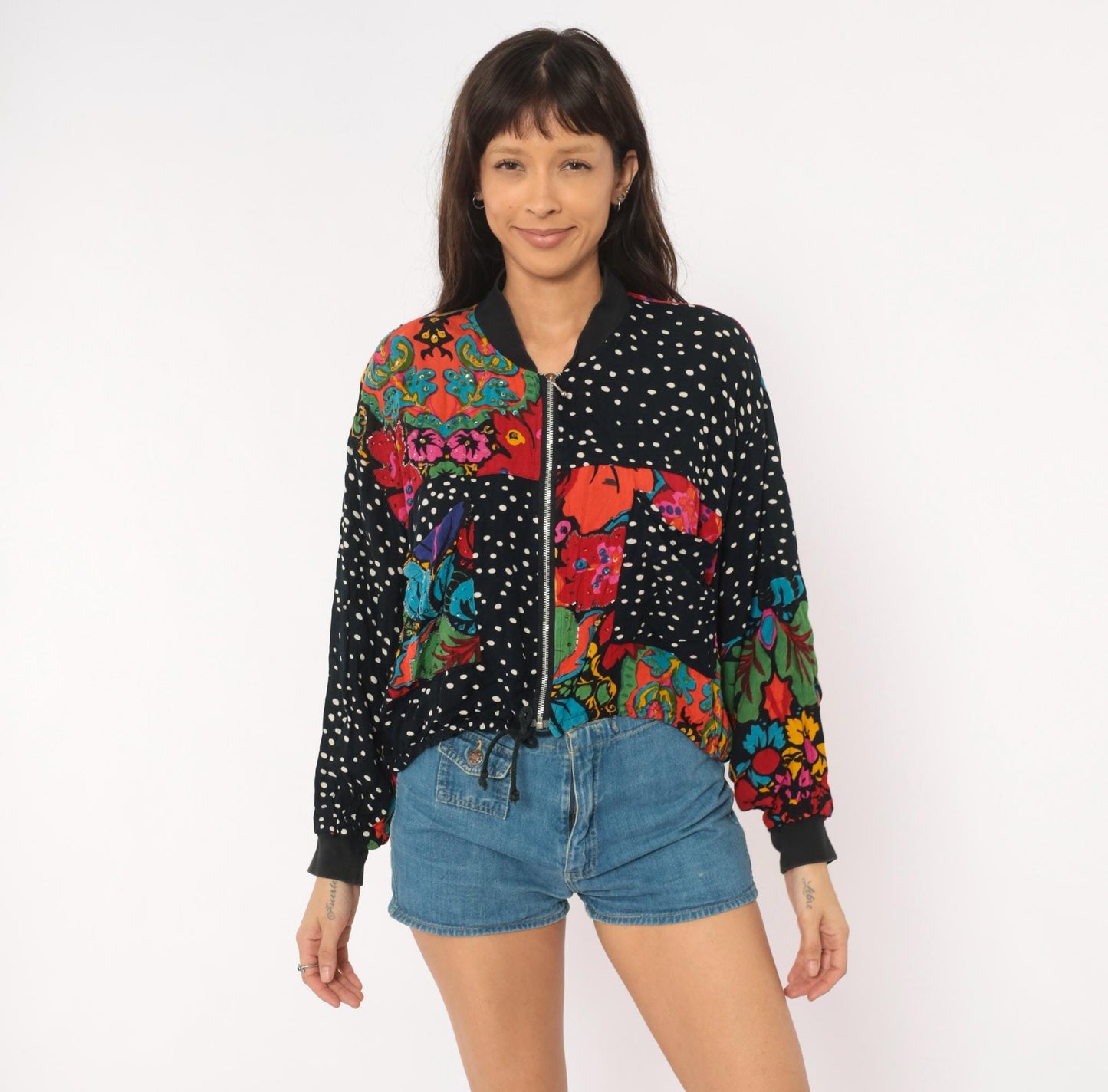 90s Tarazzia Patchwork Bomber Jacket Sequin Polka Dot Floral Small