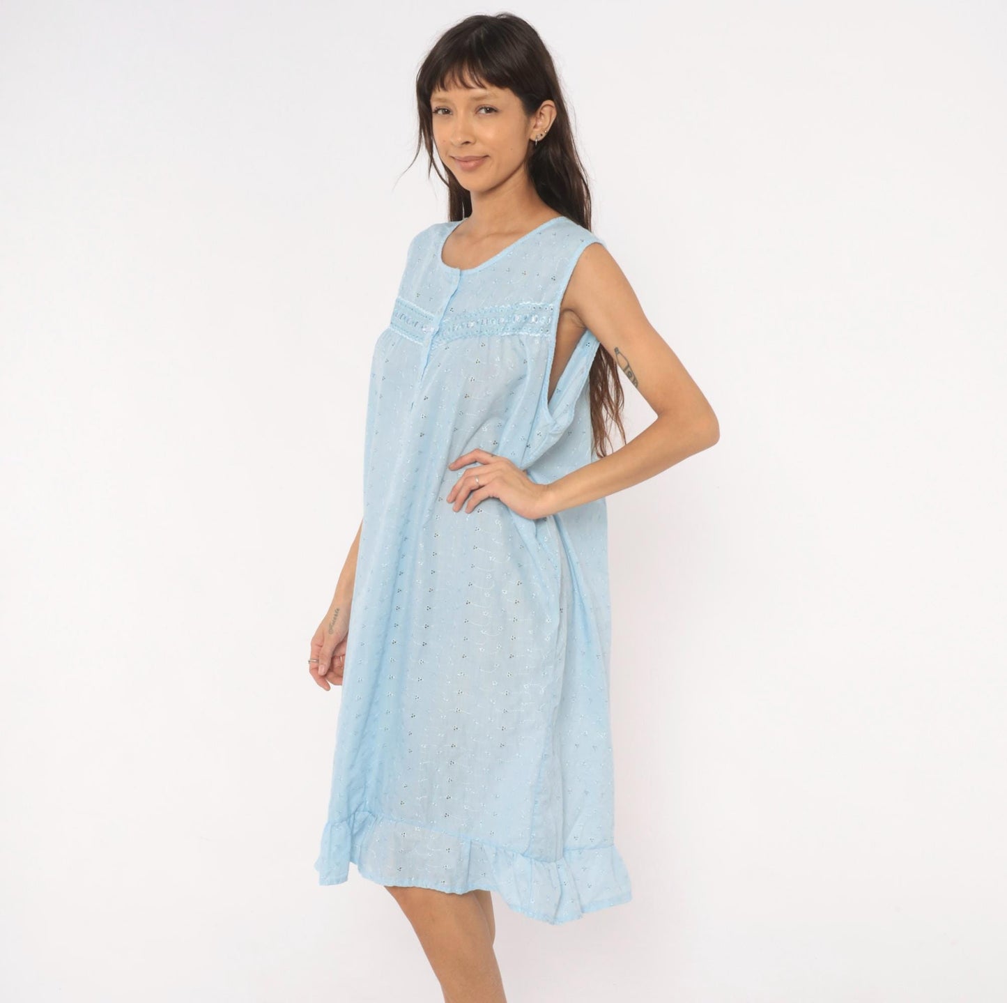 80s Lali Fashion Sky Blue Eyelet Nightgown Babydoll Sleeveless Large L