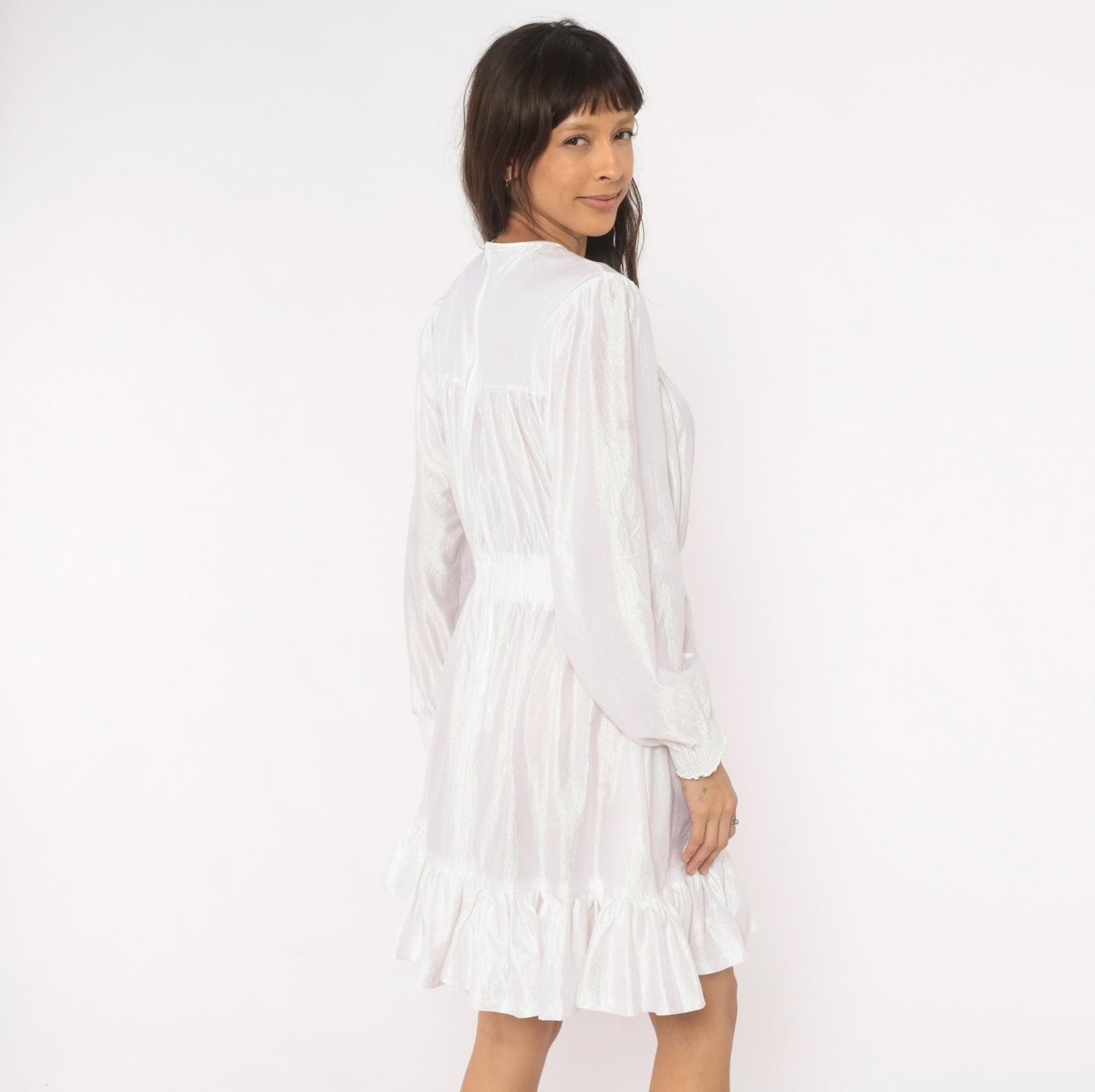 80s White Iridescent Babydoll Dress Puff Sleeve Lace Yoke Mini Medium Large