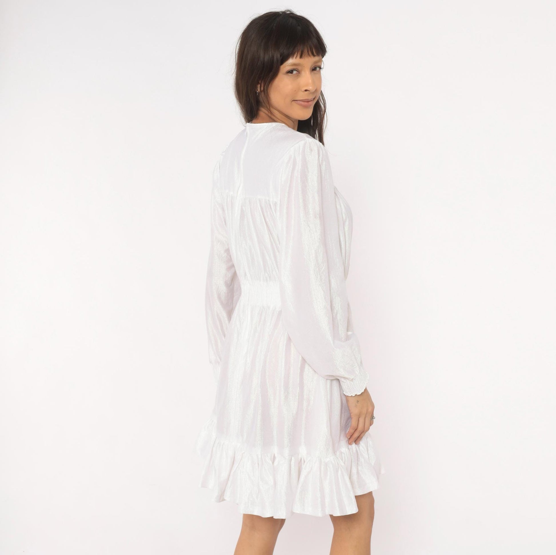 80s White Iridescent Babydoll Dress Puff Sleeve Lace Yoke Mini Medium Large