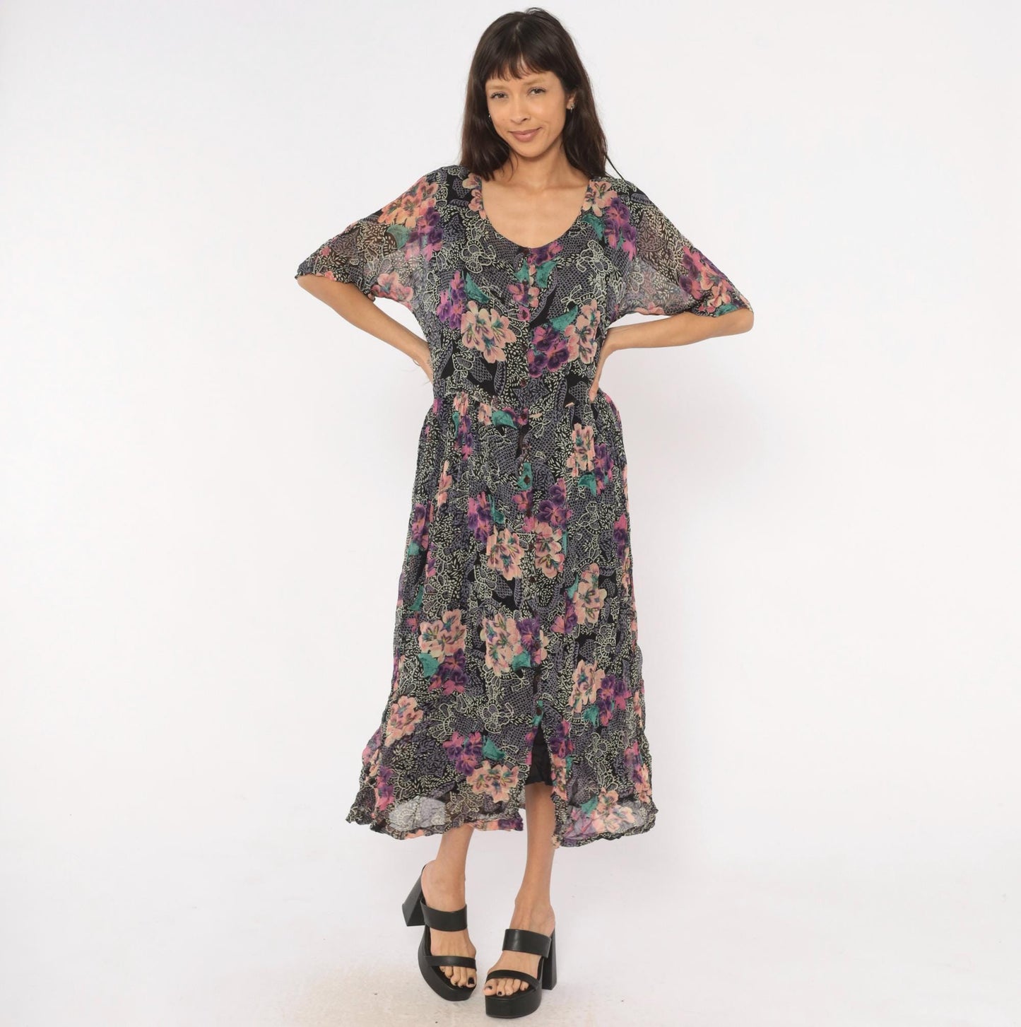 90s Nostalgia Floral Midi Dress Button Front Short Sleeve Purple Pink Teal Medium