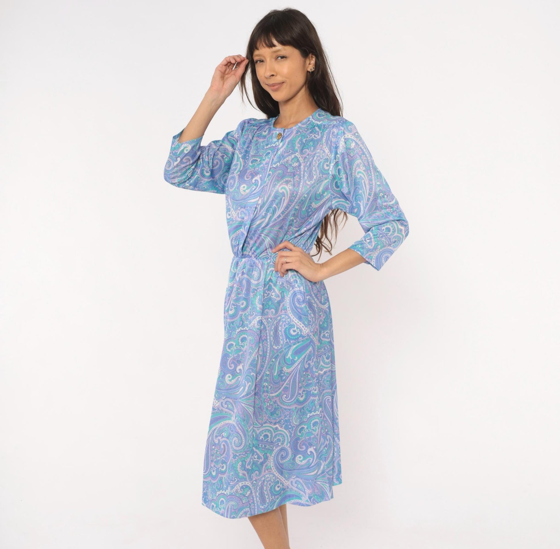 90s Blair Paisley Midi Dress Periwinkle Purple Teal Swirl Print Medium M