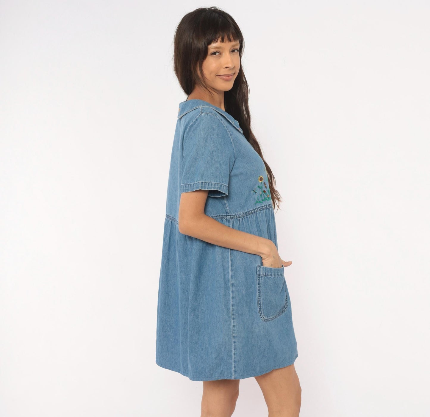 90s Bobbie Brooks Denim Babydoll Dress Sunflower Embroidered Peter Pan Collar Large L
