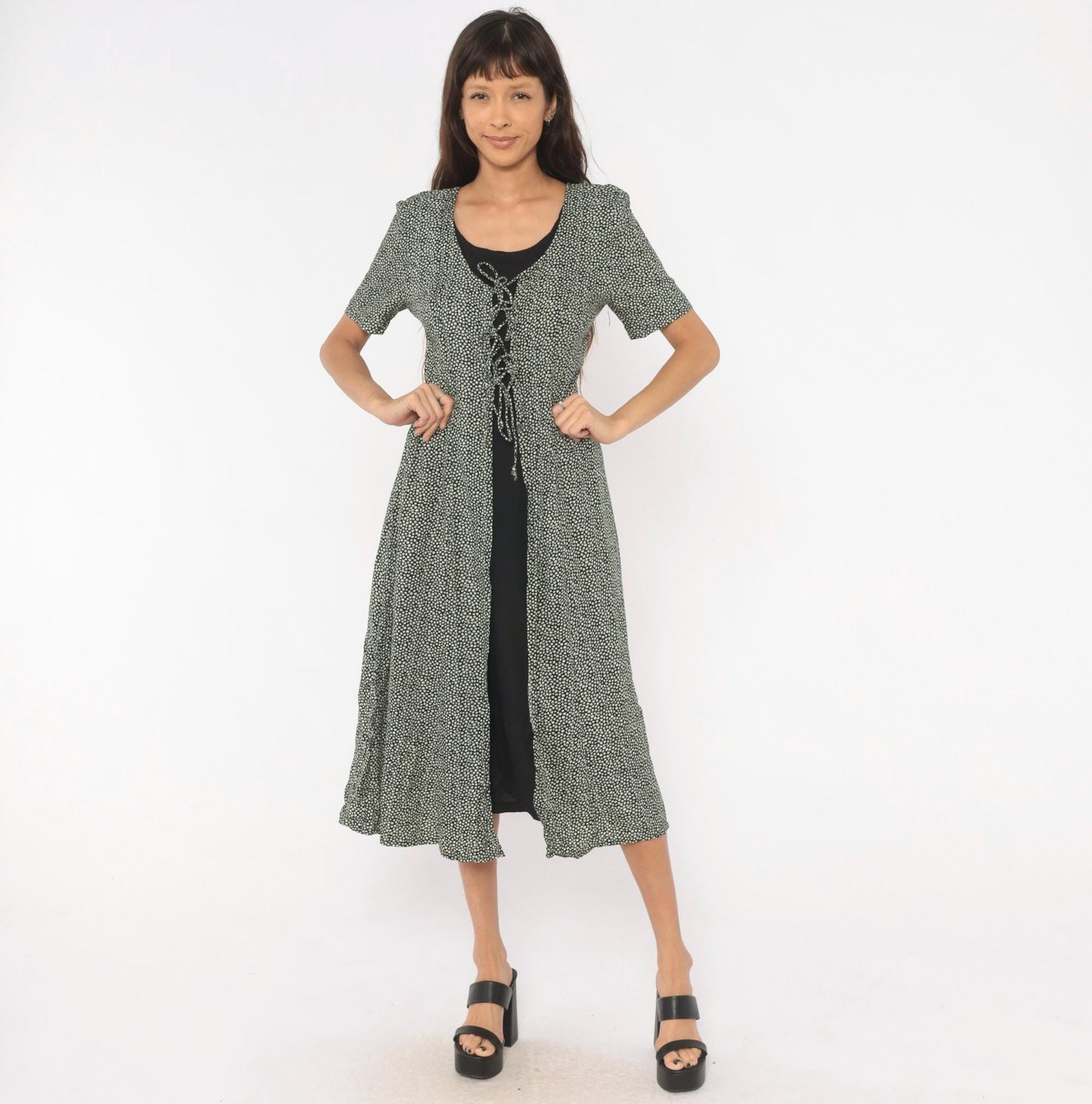 90s Statements Black Cream Dotted Midi Dress Lace-Up Front Medium