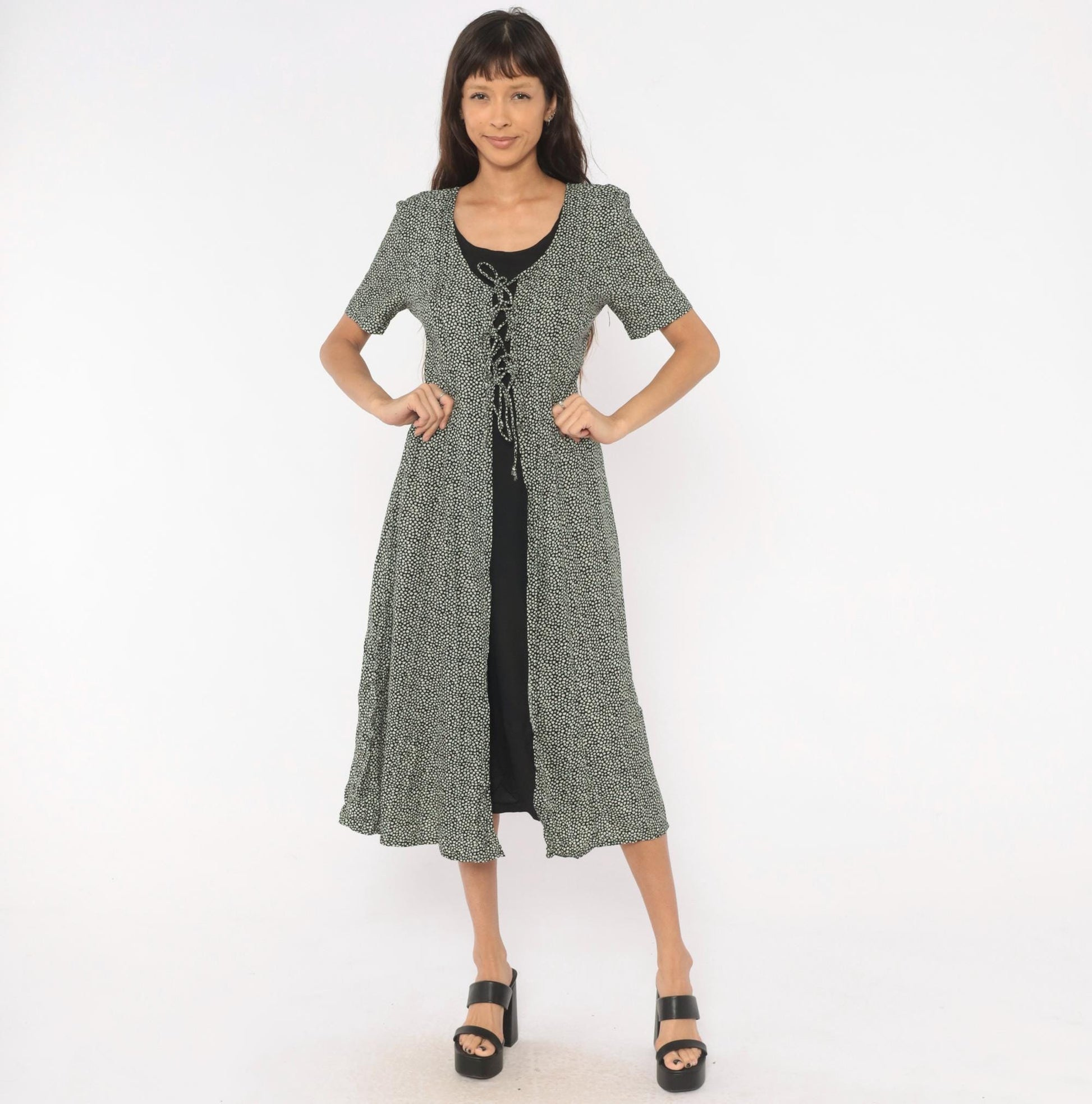 90s Statements Black Cream Dotted Midi Dress Lace-Up Front Medium