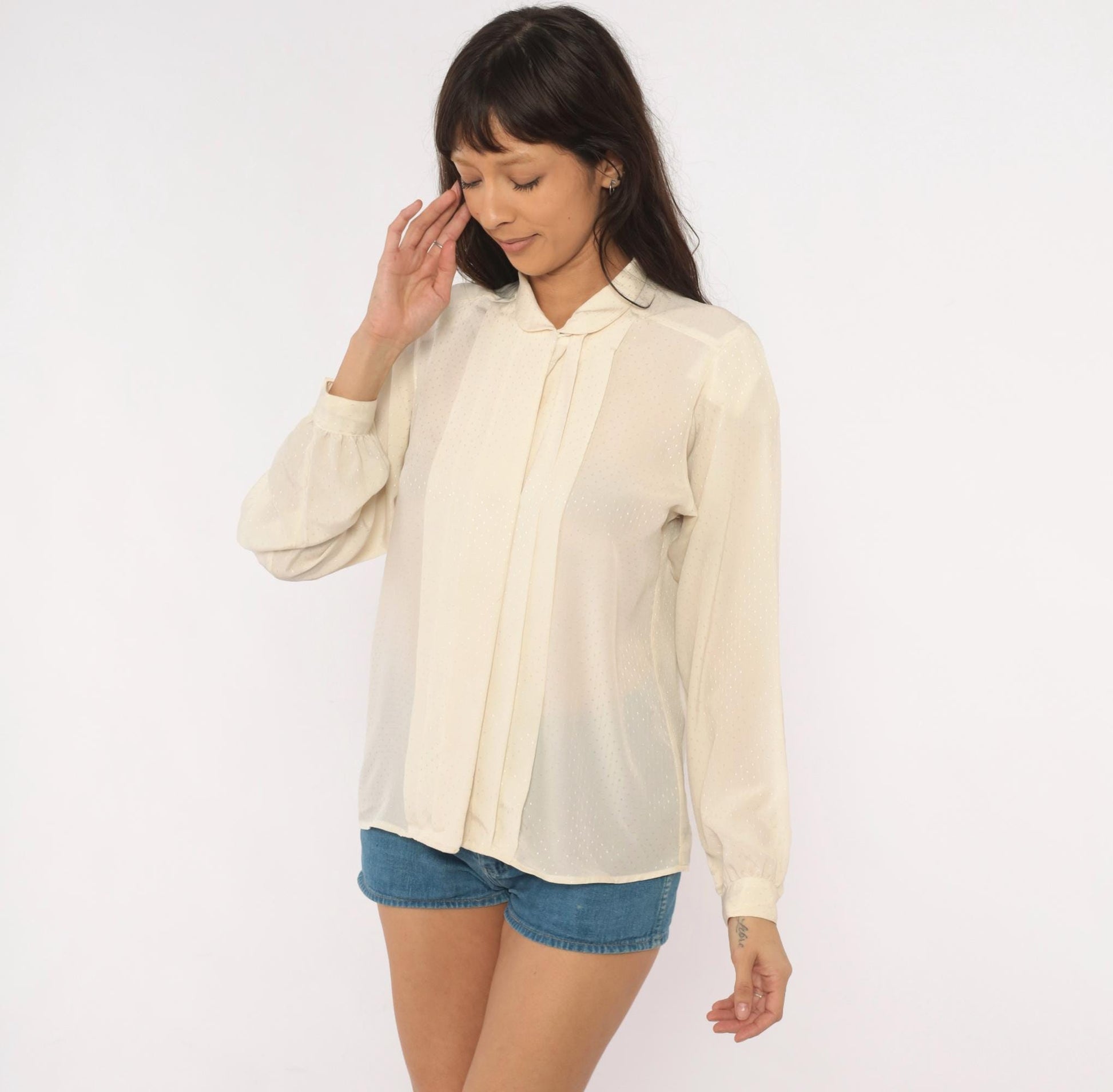 80s Country Suburbans Cream Swiss Dot Blouse Peter Pan Collar Small
