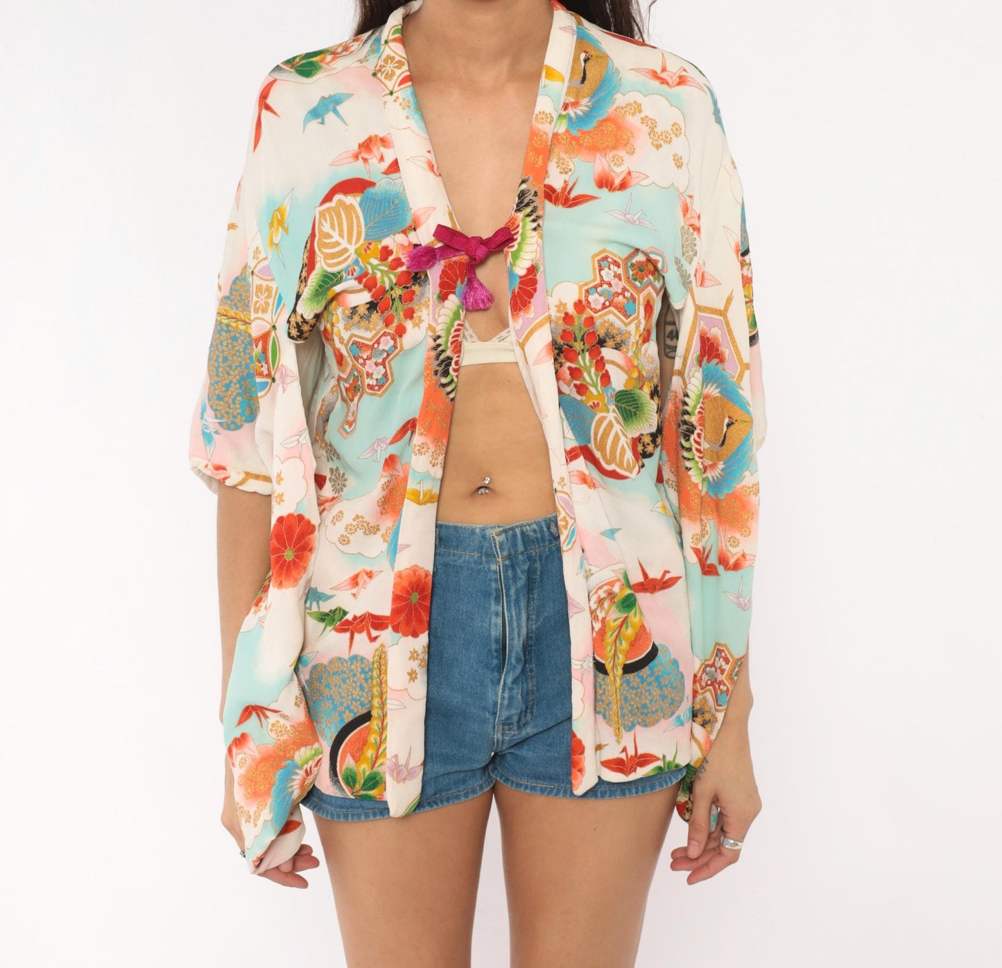 70s Japanese Kimono Jacket Origami Crane Floral Wrap Sky Blue Small S
