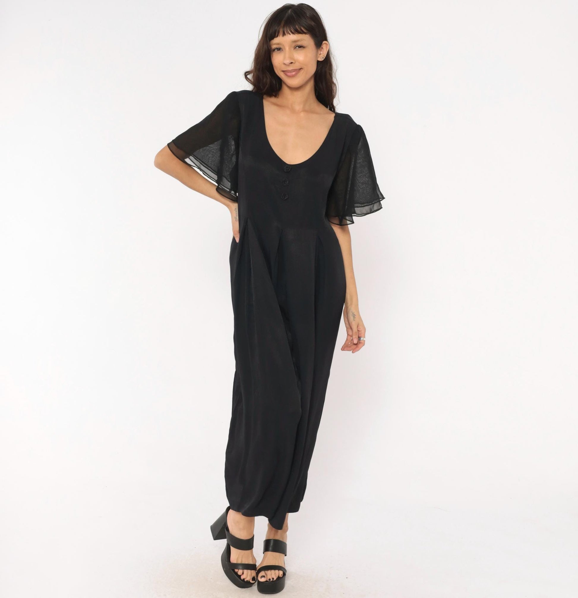 90s Jaffery & Dane Black Jumpsuit Flutter Sleeve Wide Leg Pleated Waist Large L