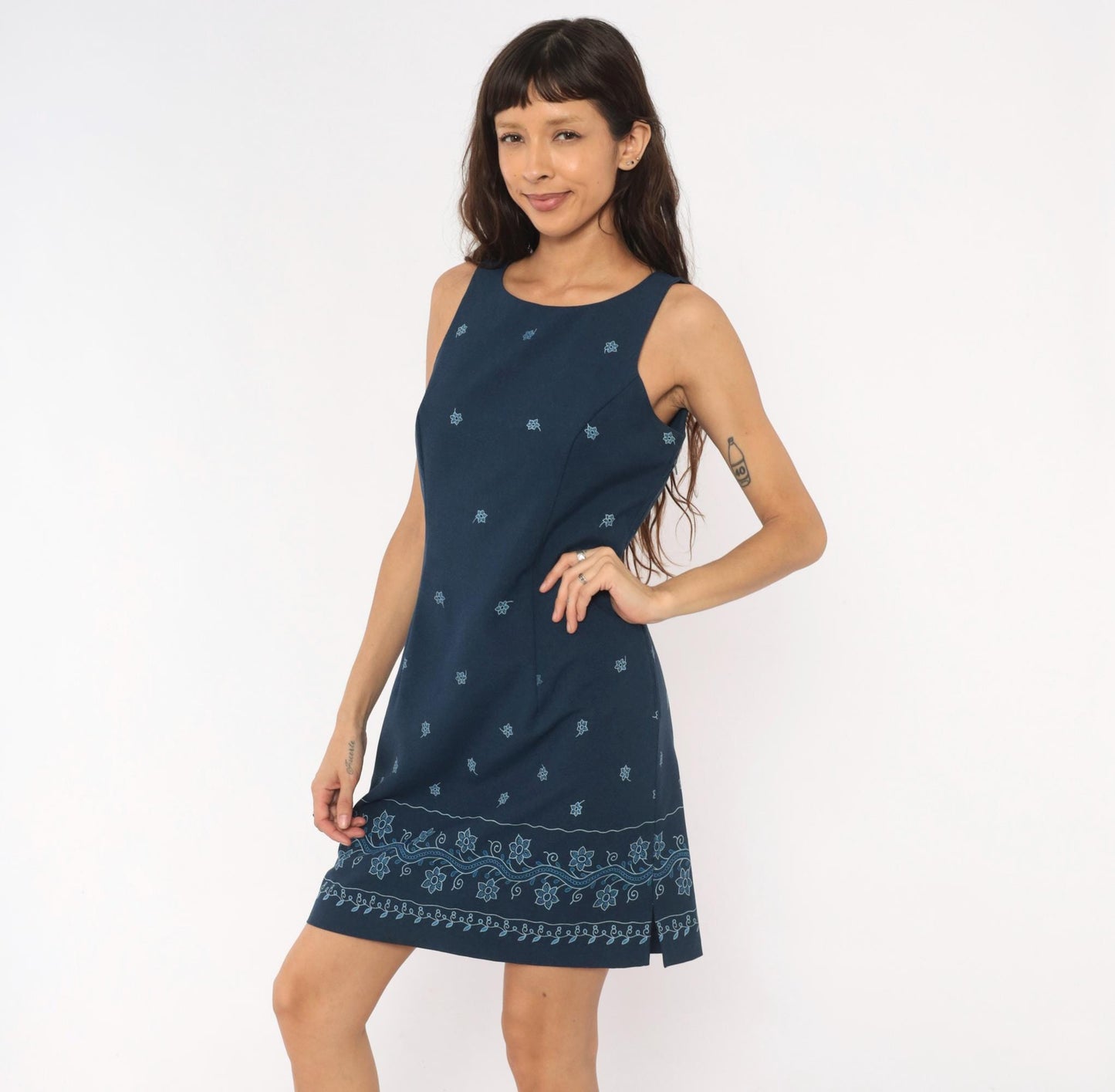 90s DBY Navy Shift Dress Embroidered Floral Border Sleeveless Medium M
