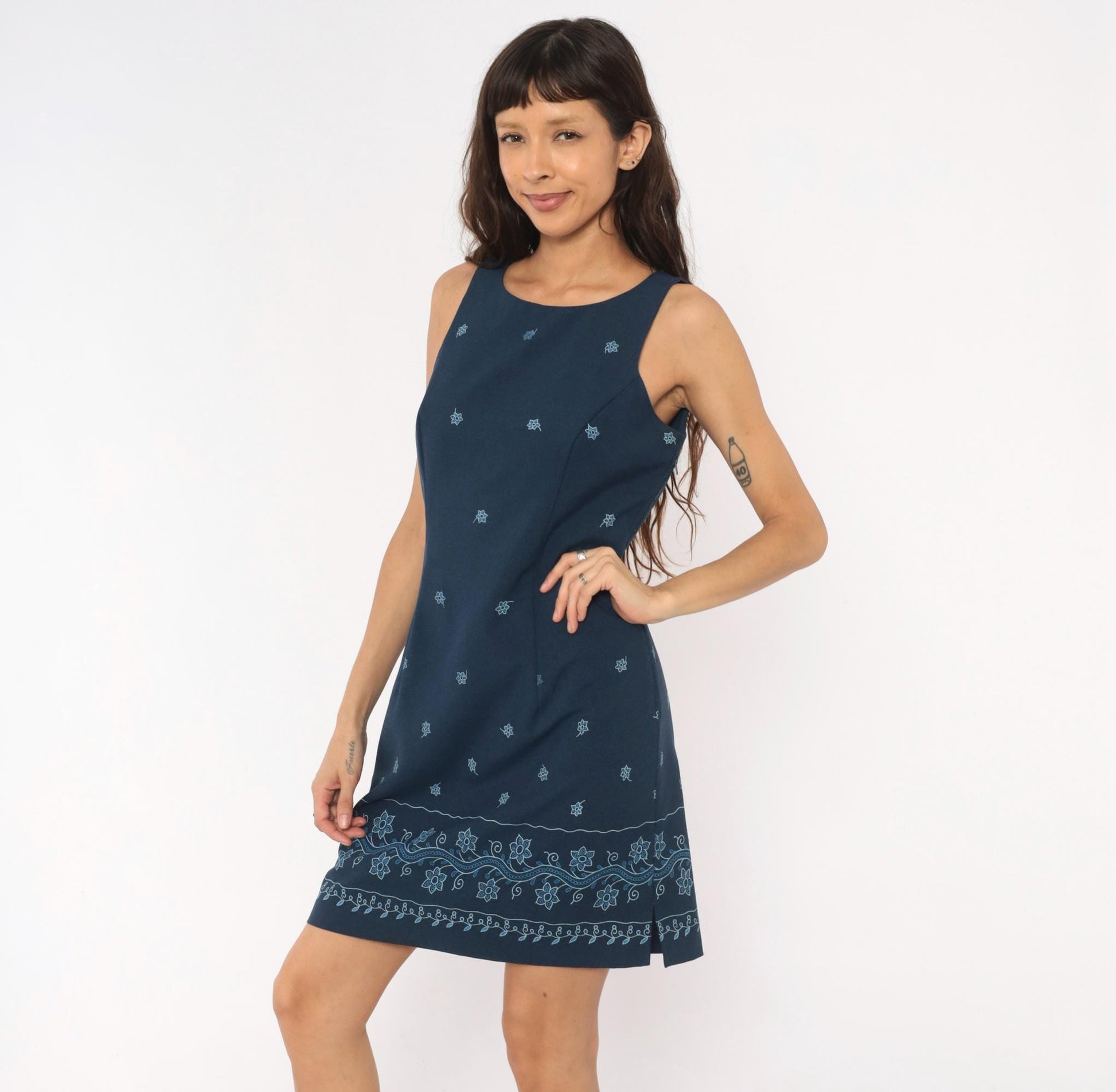 90s DBY Navy Shift Dress Embroidered Floral Border Sleeveless Medium M
