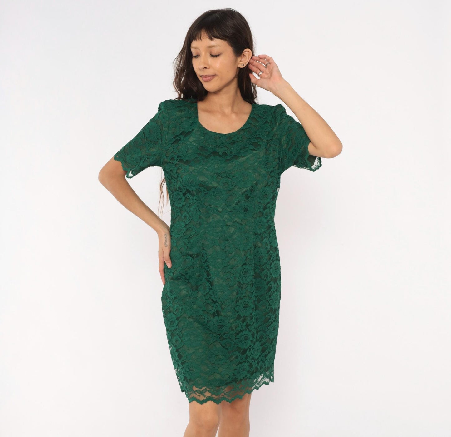 90s My Michelle Emerald Lace Dress Scalloped Short Sleeve Floral Overlay Large L