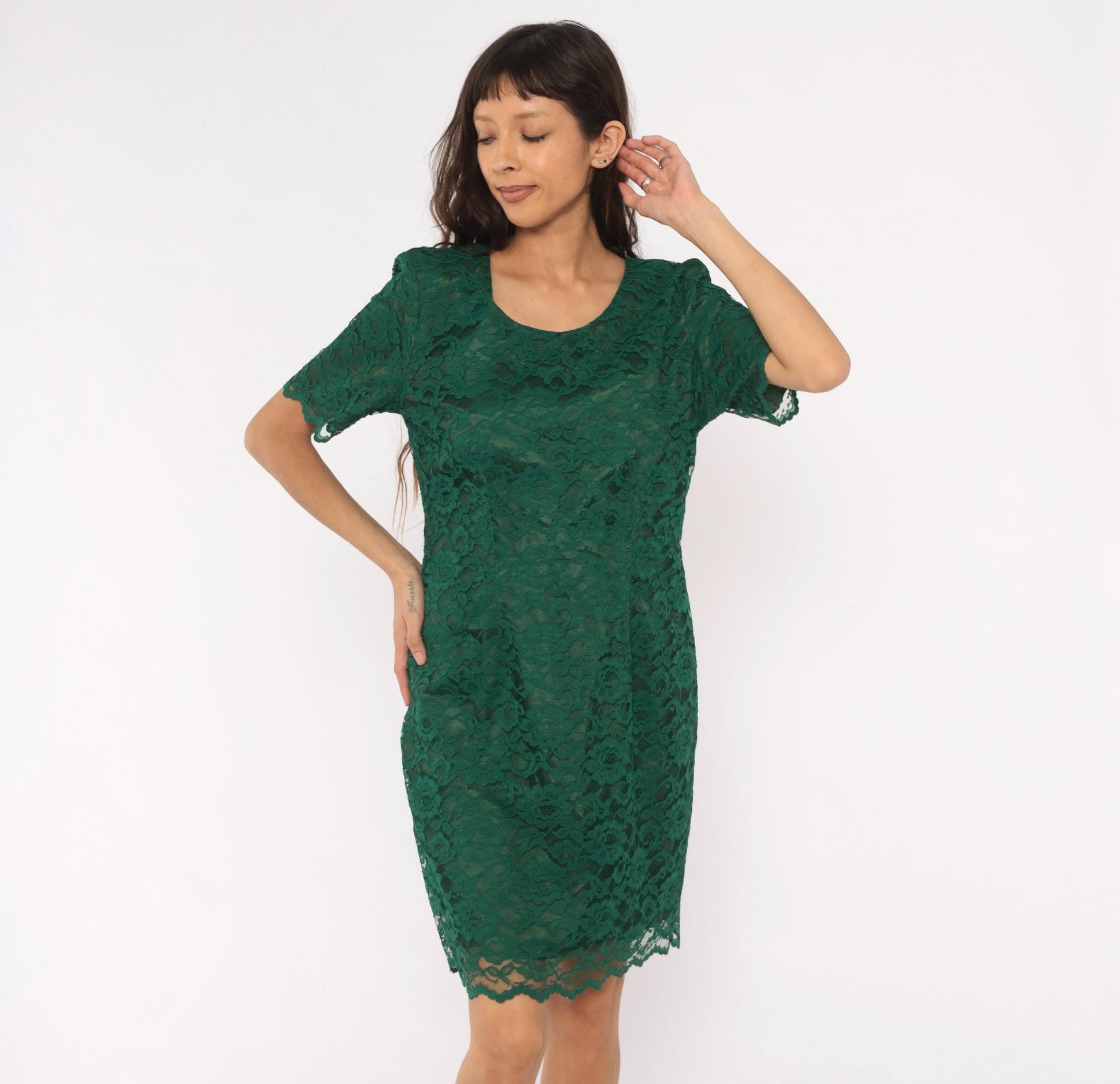 90s My Michelle Emerald Lace Dress Scalloped Short Sleeve Floral Overlay Large L