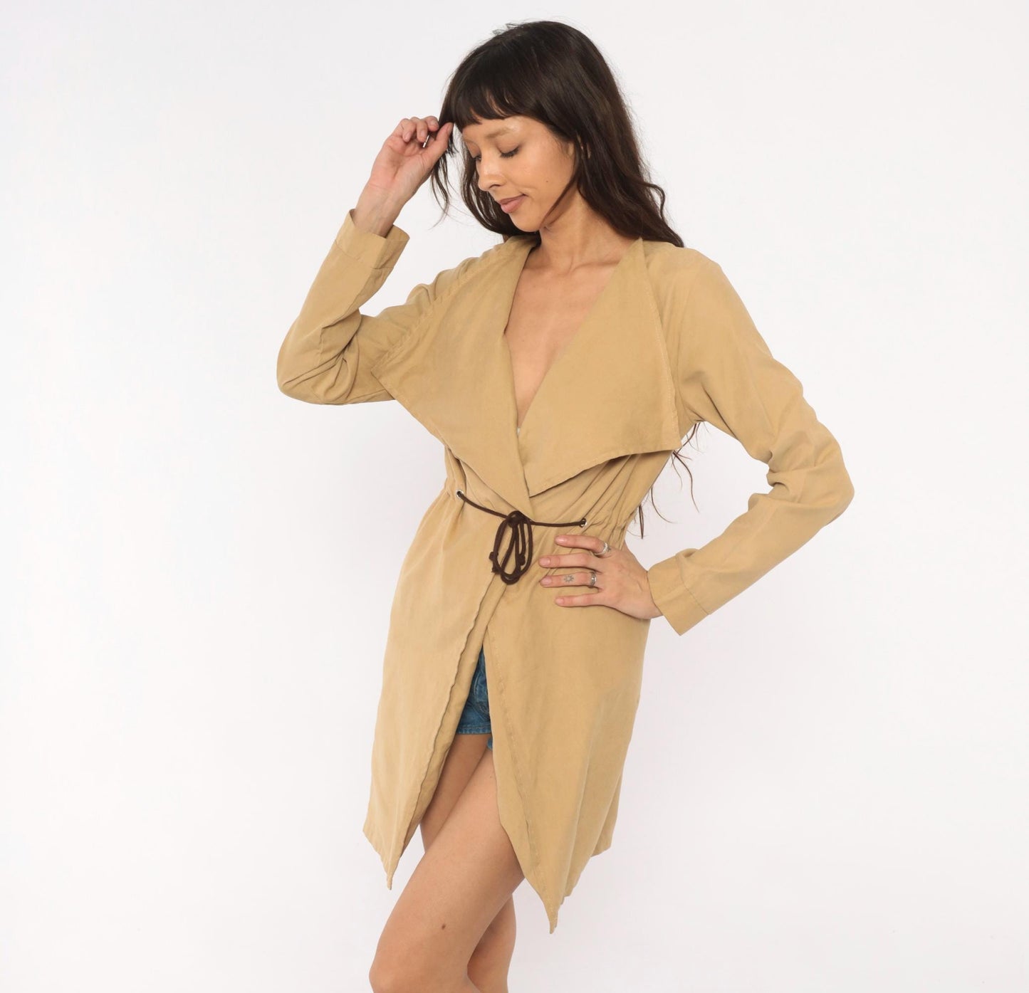 Y2K Tan Draped Waterfall Collar Trench Coat Knee-Length Medium M