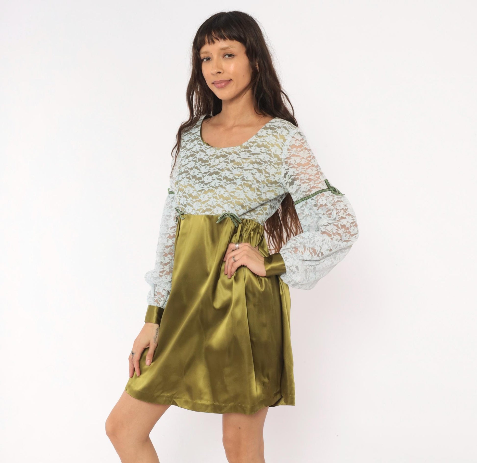 70s Olive Satin Babydoll Dress White Lace Empire Waist Balloon Sleeve Mini Medium