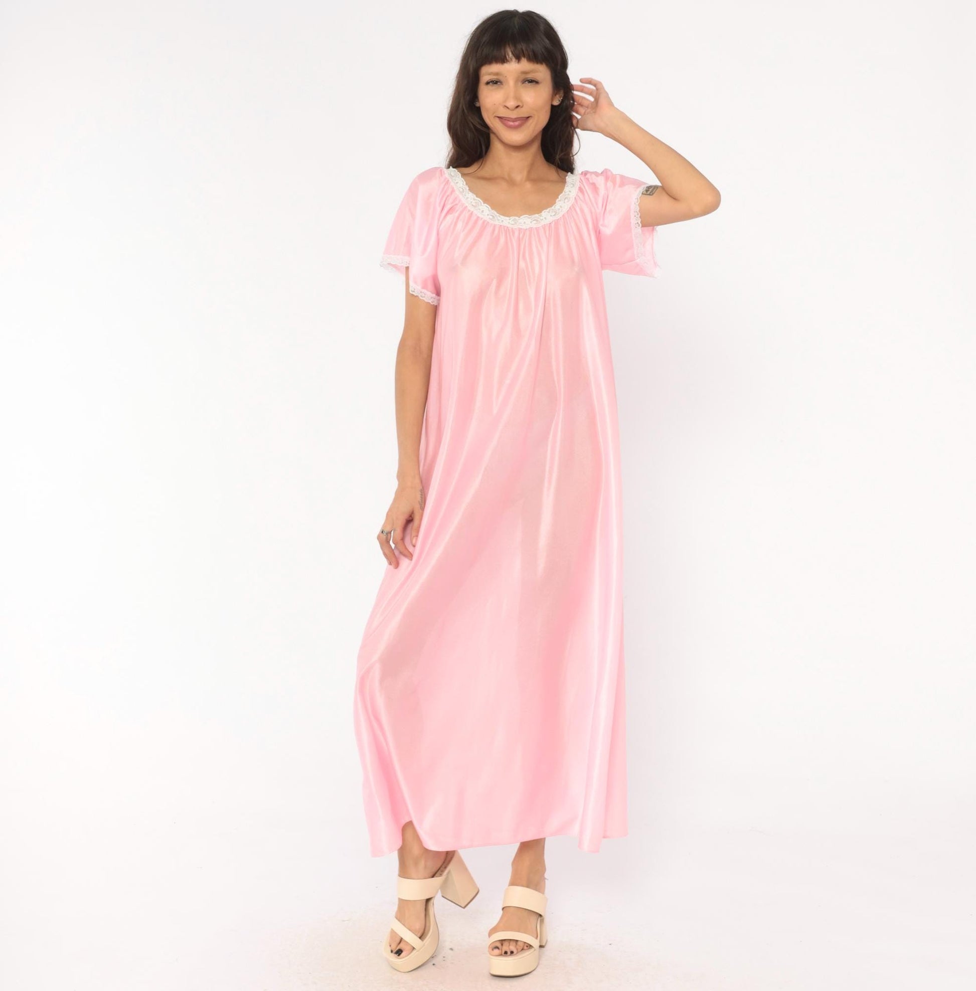 80s Private Moments Pink Maxi Nightgown Lace Trim Flutter Sleeve One Size