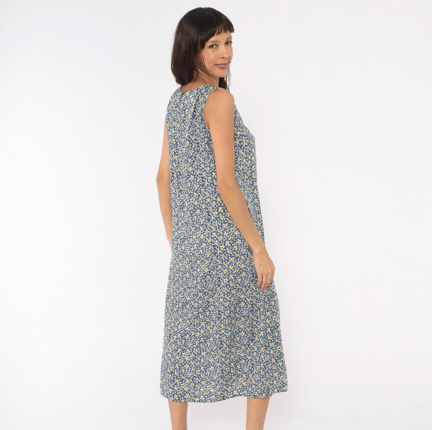 90s Studio Ease Ditsy Floral Midi Dress Navy Blue Yellow Sleeveless Petite Medium