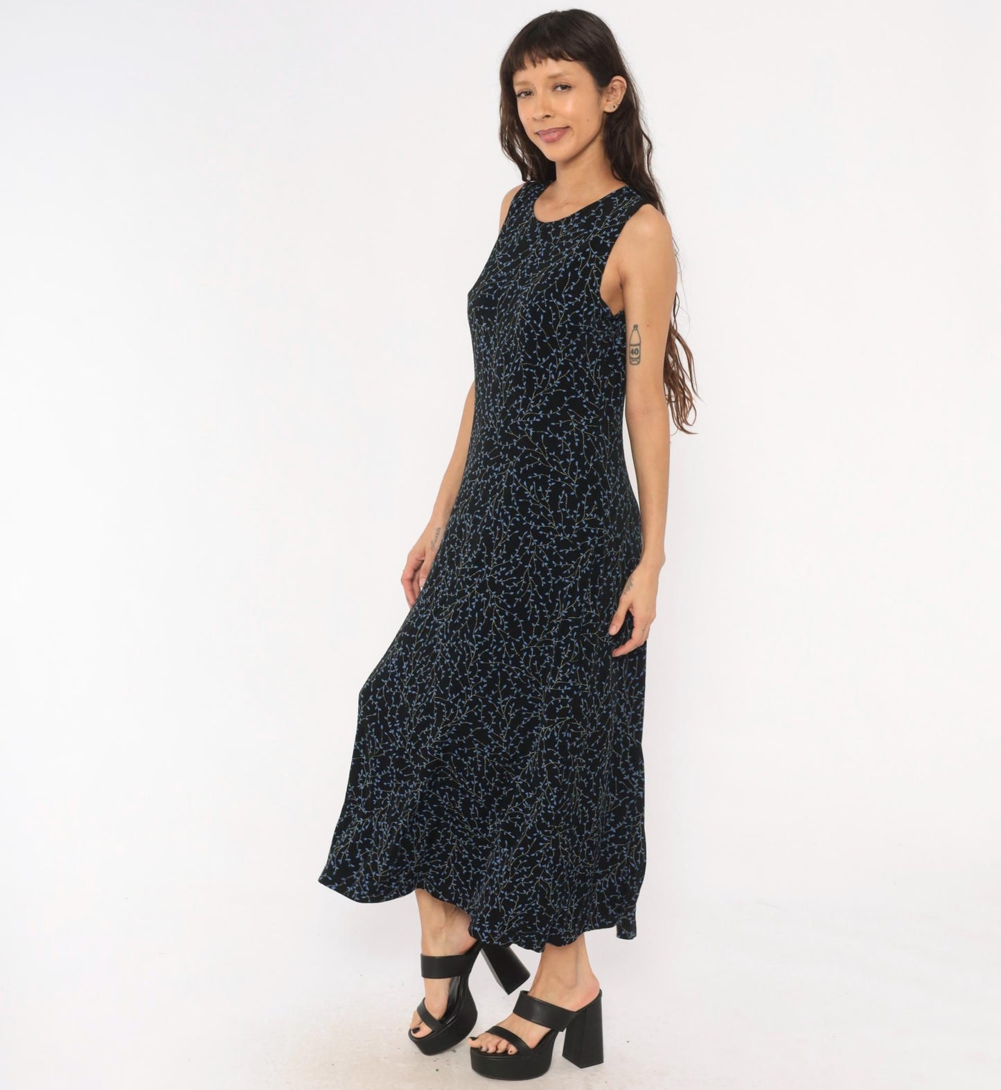 90s Black Vine Print Maxi Dress Blue Leaf Scoop Neck Tank Medium Large
