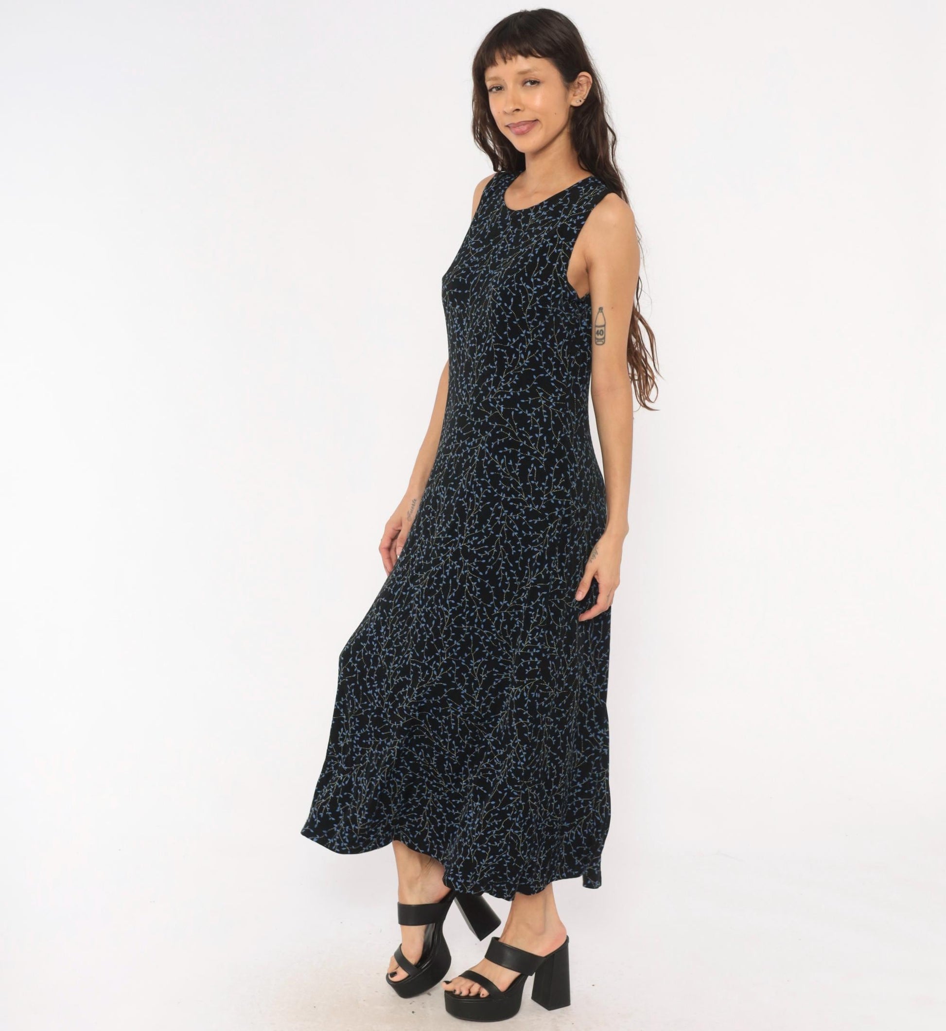90s Black Vine Print Maxi Dress Blue Leaf Scoop Neck Tank Medium Large