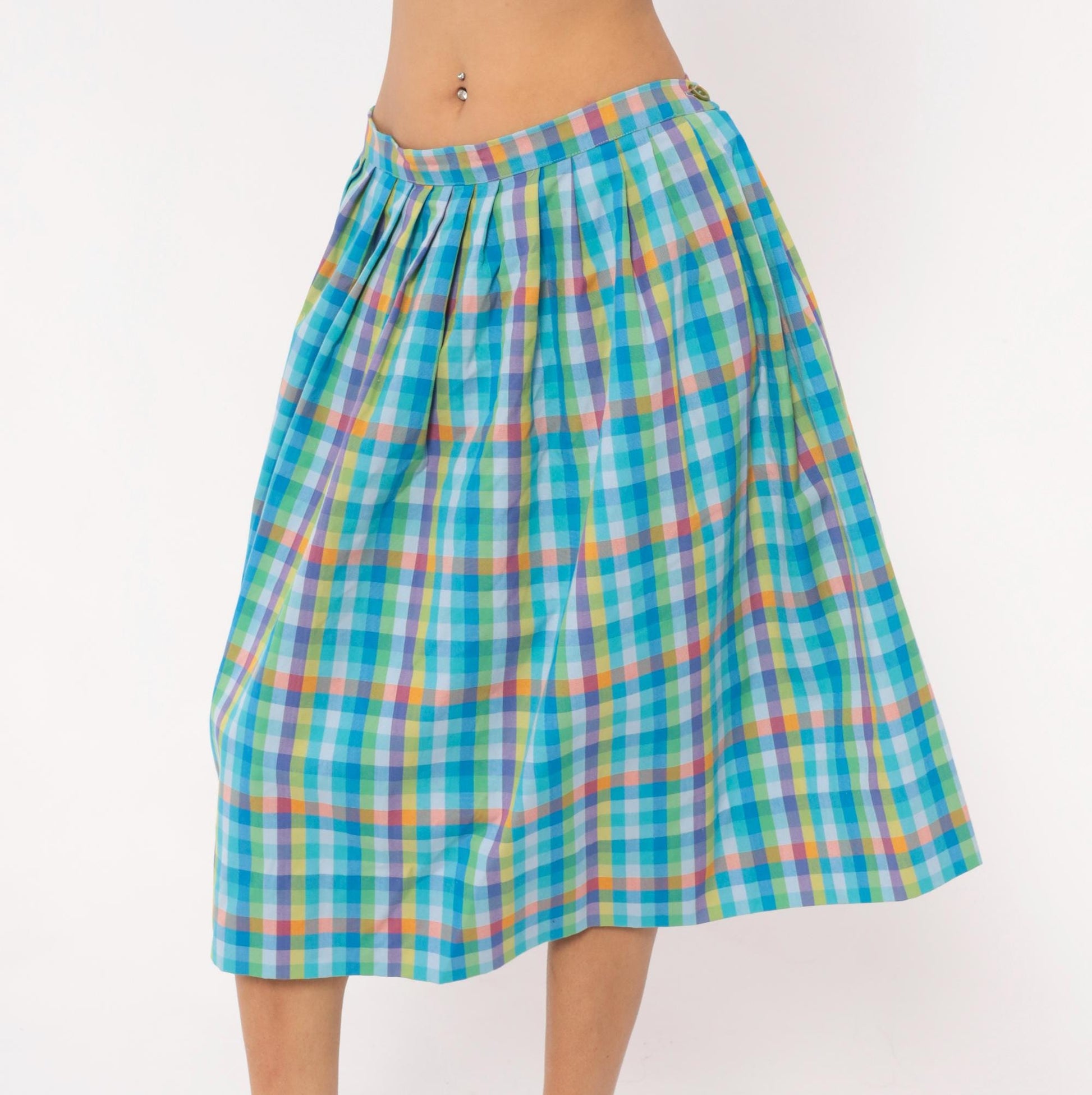 80s Rainbow Gingham Pleated Knee Skirt Cotton Multicolor Large L