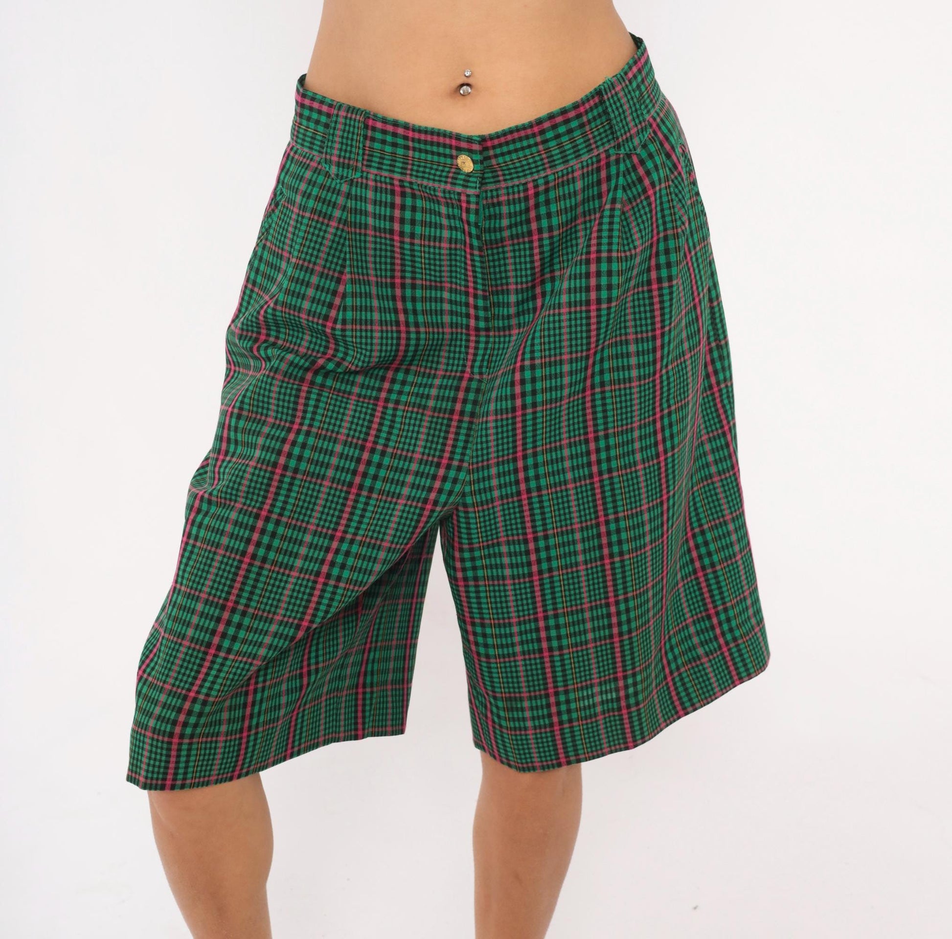 90s Green Plaid Bermuda Shorts High Rise Pleated Tartan Pink Preppy Medium