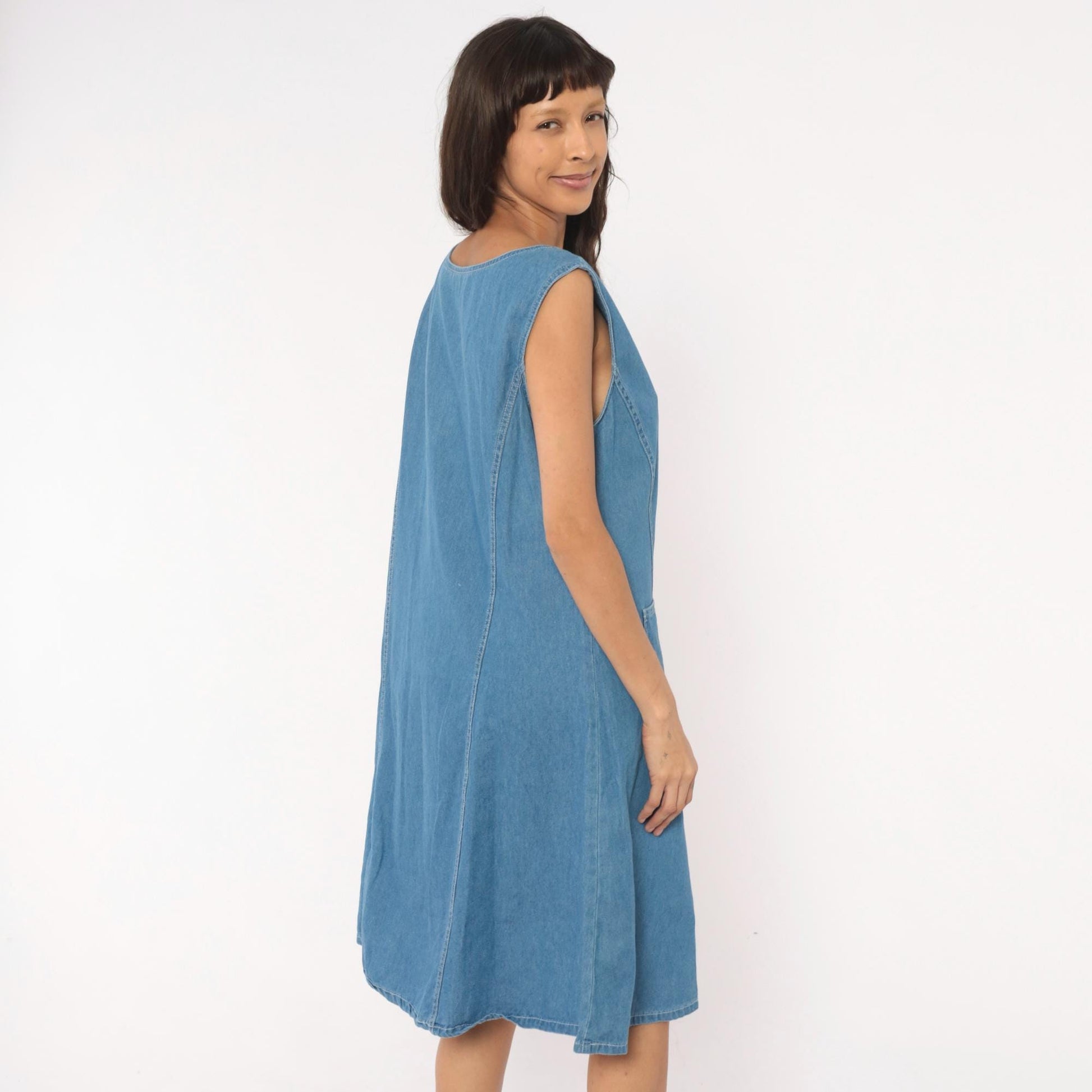 90s Denim Jazz Jumper Dress Sleeveless Scoop Neck Blue Shift Large L