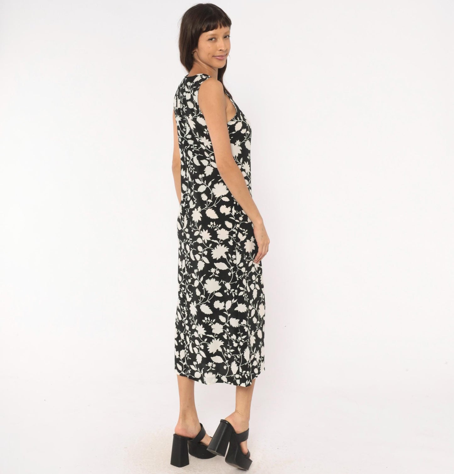 00s Old Navy Black Cream Floral Midi Dress Sleeveless Small S