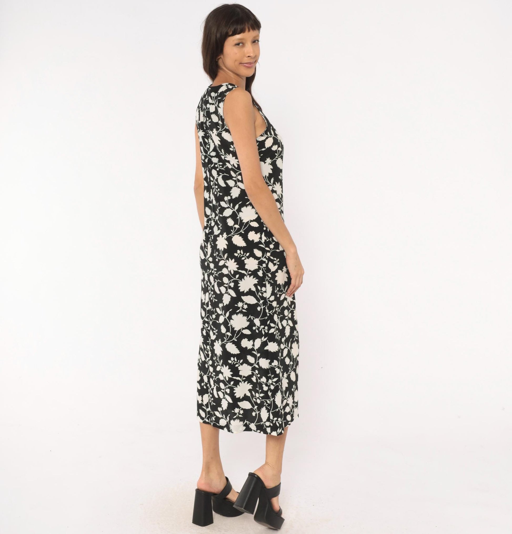 00s Old Navy Black Cream Floral Midi Dress Sleeveless Small S