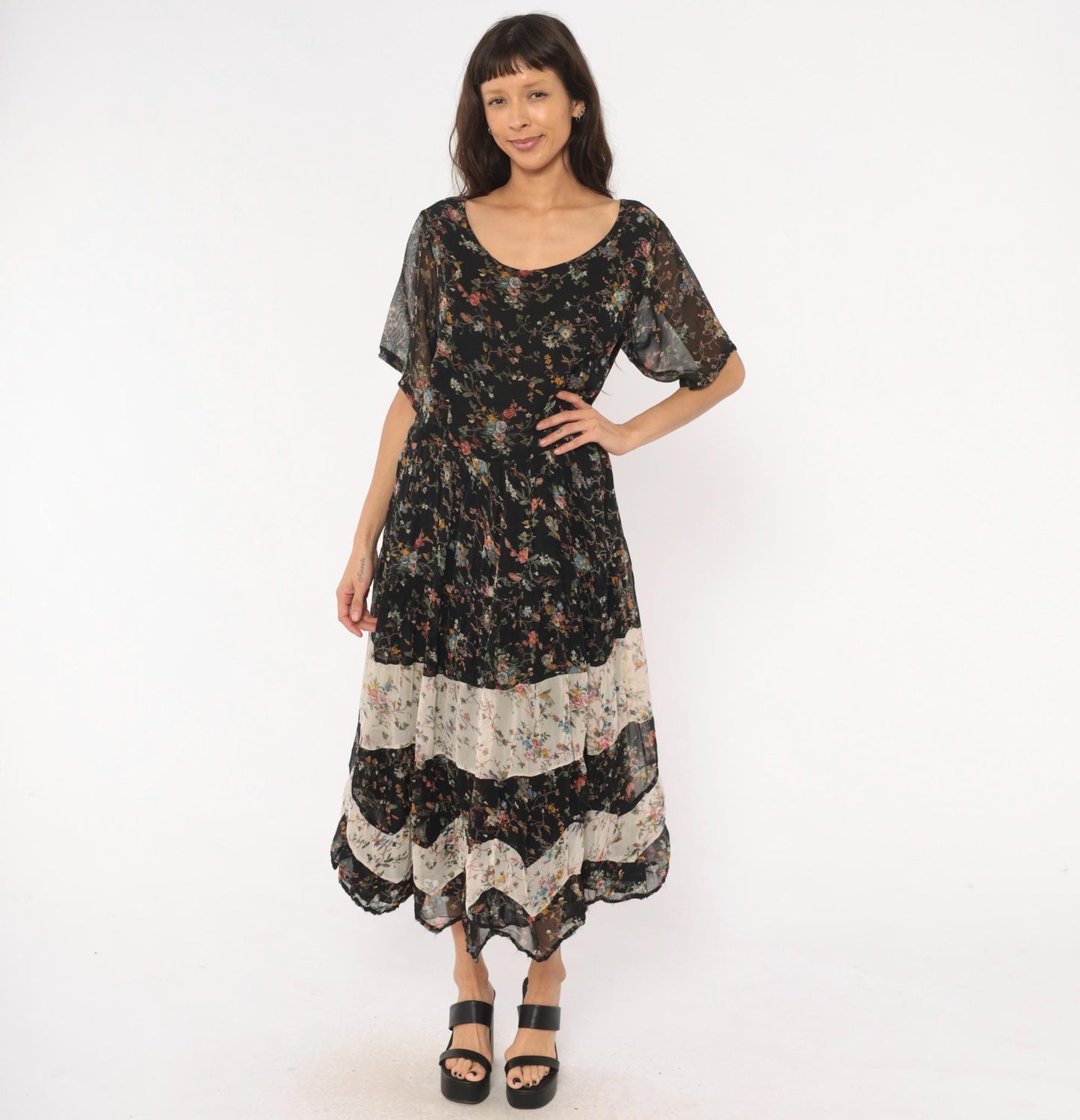 90s Bila Black Floral Maxi Dress Tiered Patchwork Short Sleeve Large L