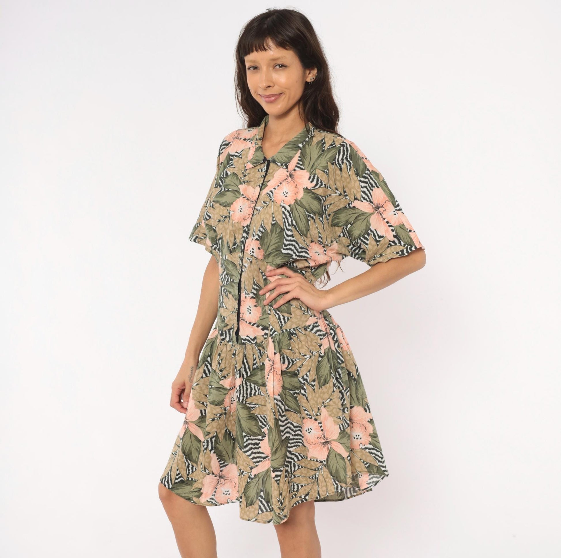 90s Tropical Hibiscus Shirt Dress Floral Print Drop Waist Snap Front Large L
