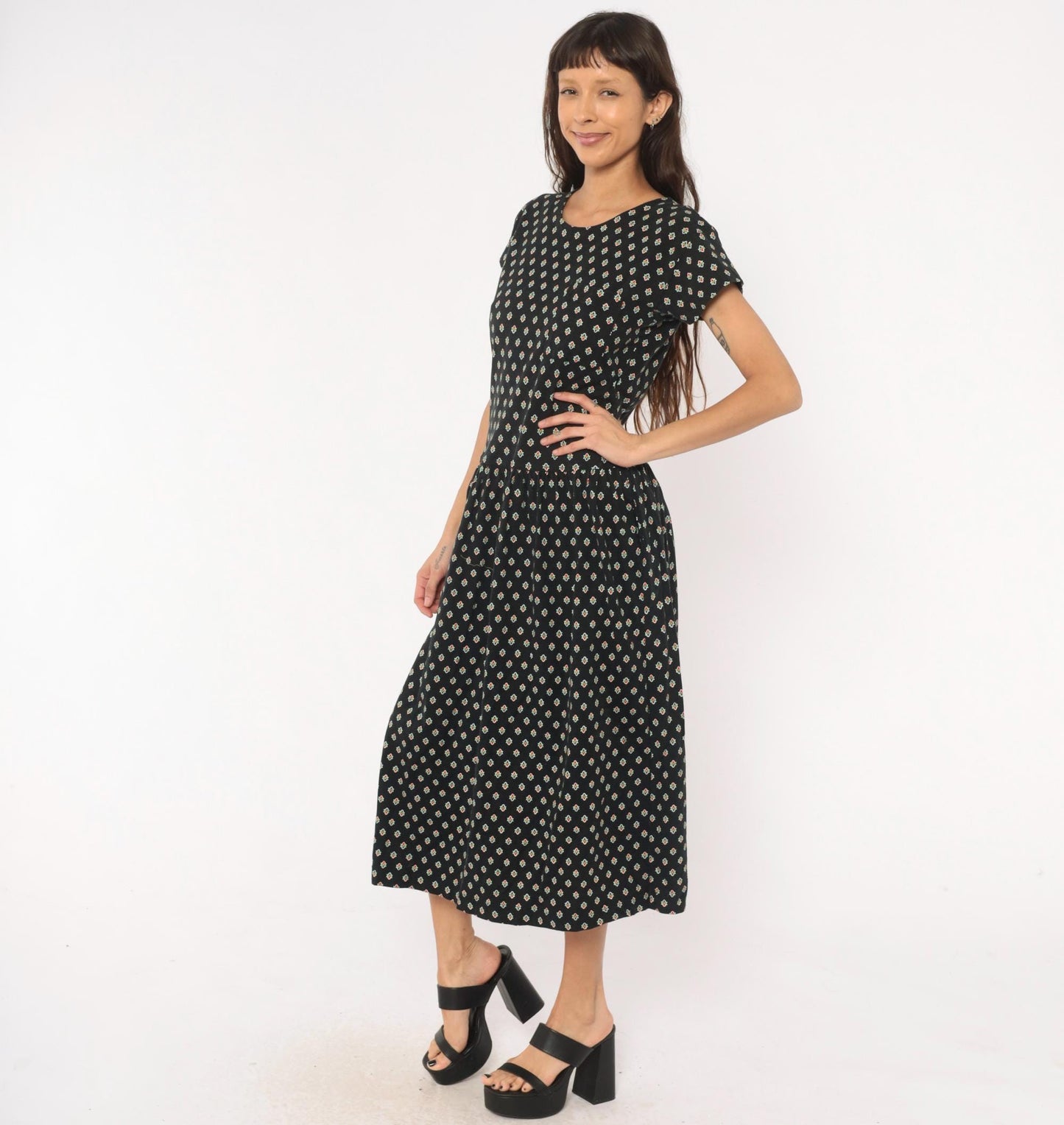 90s LizSport Foulard Print Midi Dress Black Cotton Short Sleeve Medium M