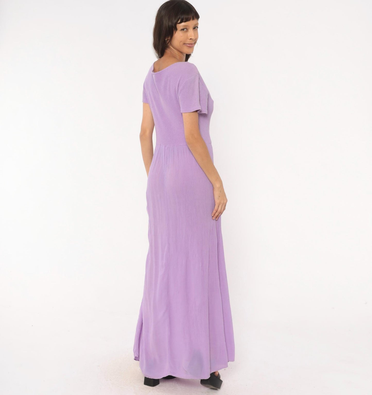 90s Basement Lavender Waffle Knit Maxi Dress Flutter Sleeve Scoop Neck One Size