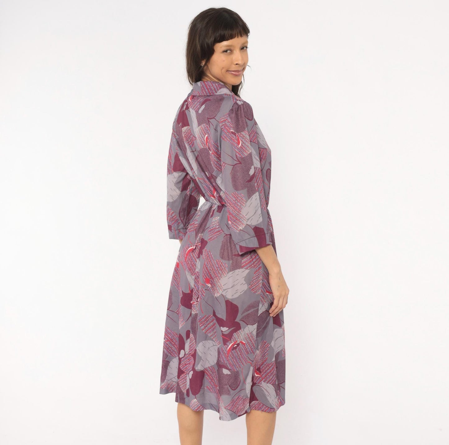 70s Abstract Leaf Floral Button Front Dress Grey Burgundy Knee-Length Medium M