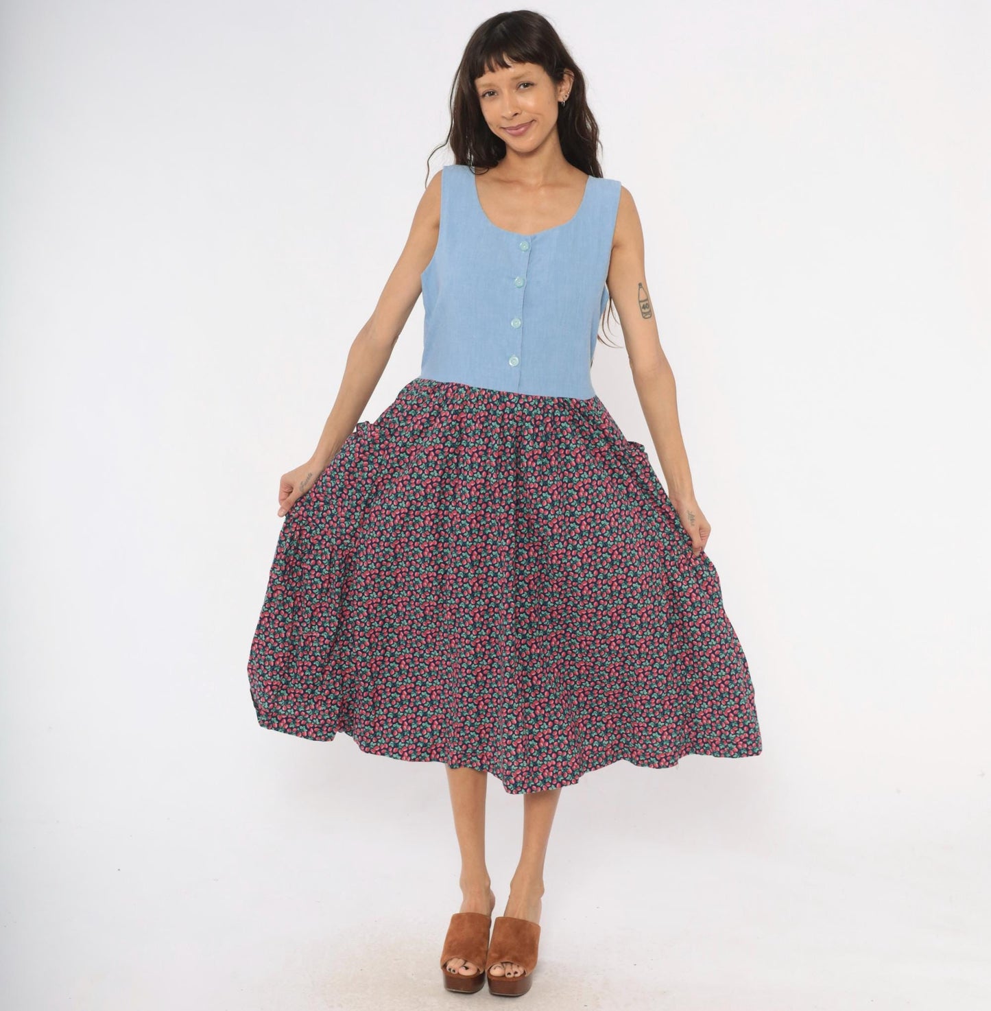 90s Raspberry Chambray Midi Dress Button Front Pockets Cotton Large L