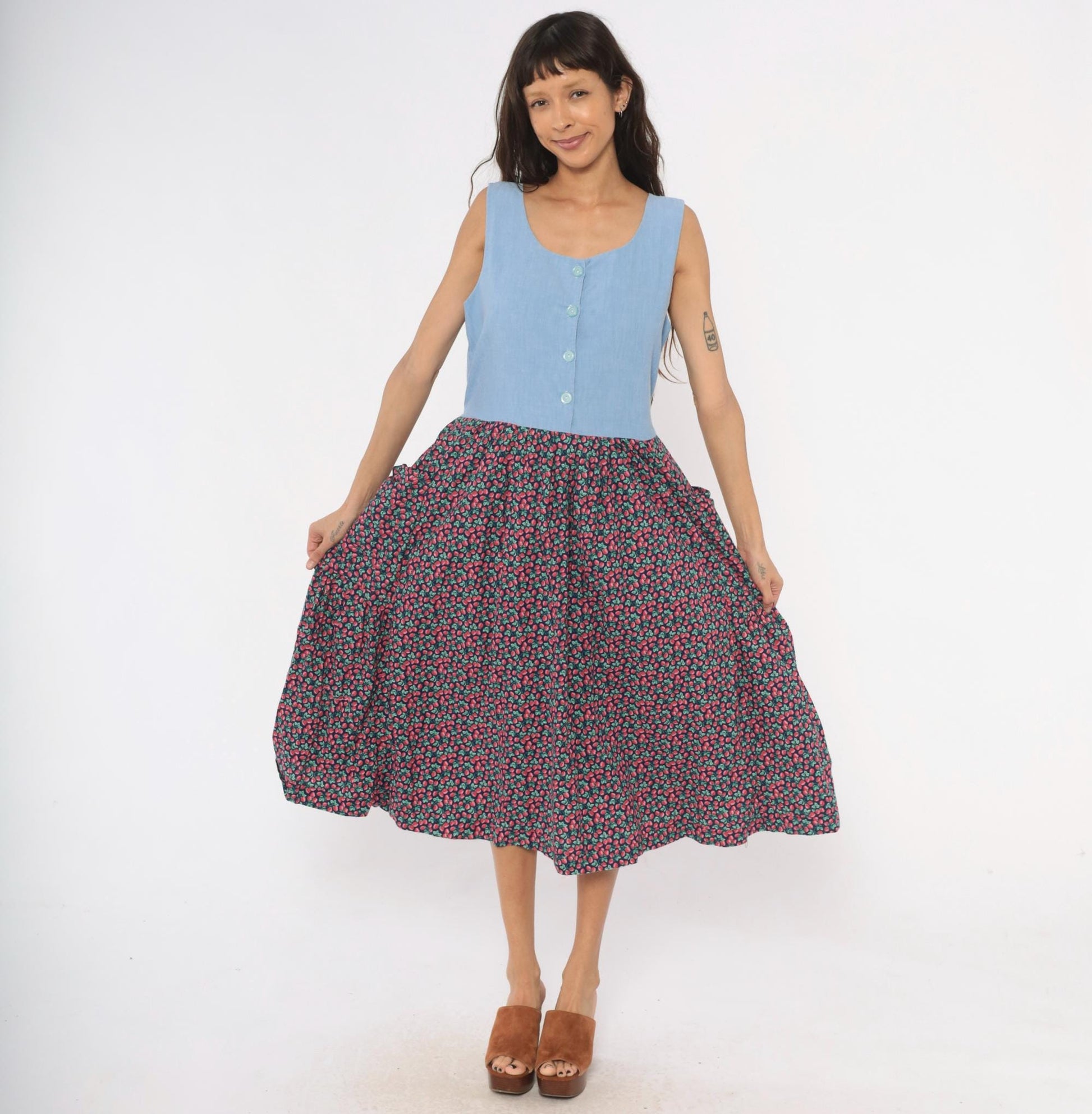 90s Raspberry Chambray Midi Dress Button Front Pockets Cotton Large L