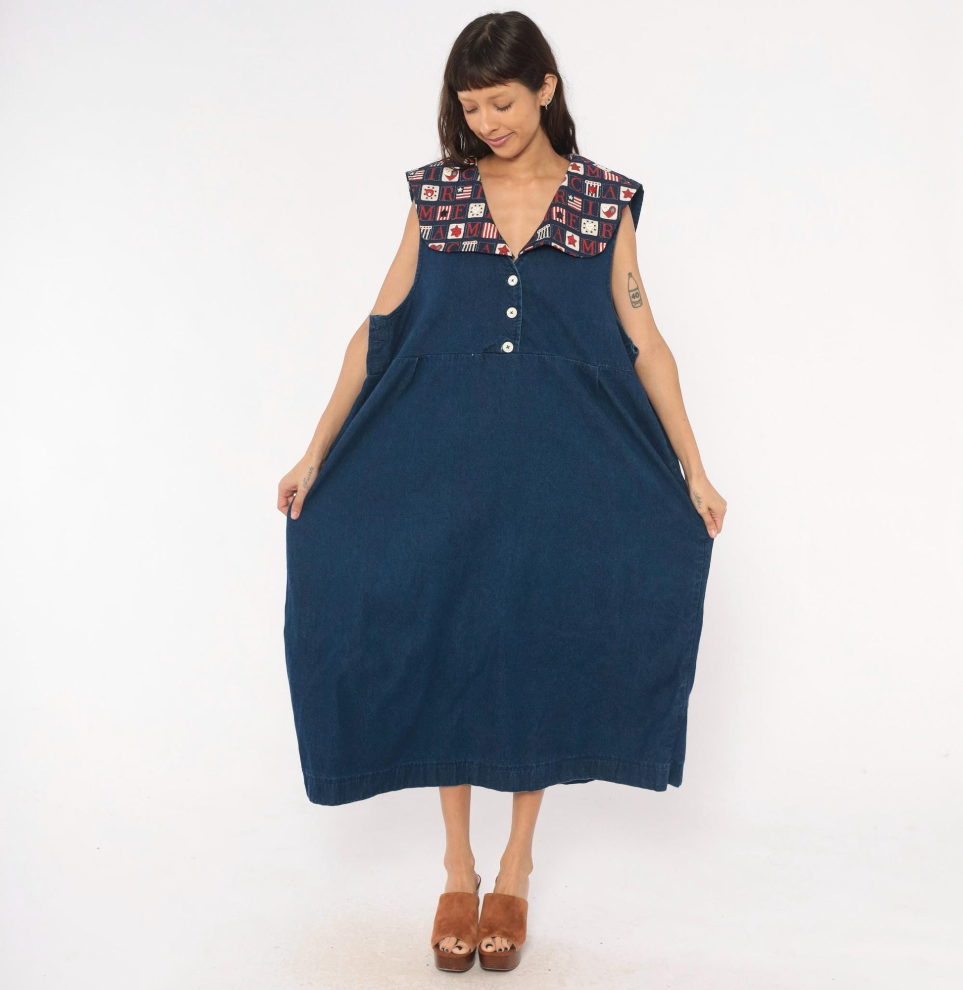 90s Americana Patchwork Denim Maxi Dress Navy Sailor Collar Plus Size XXL