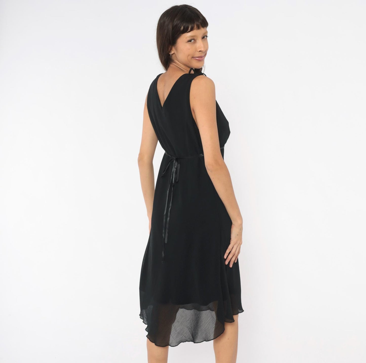 90s Michael Taylor Black Chiffon Wrap Dress Tie Shoulder V Neck Large L