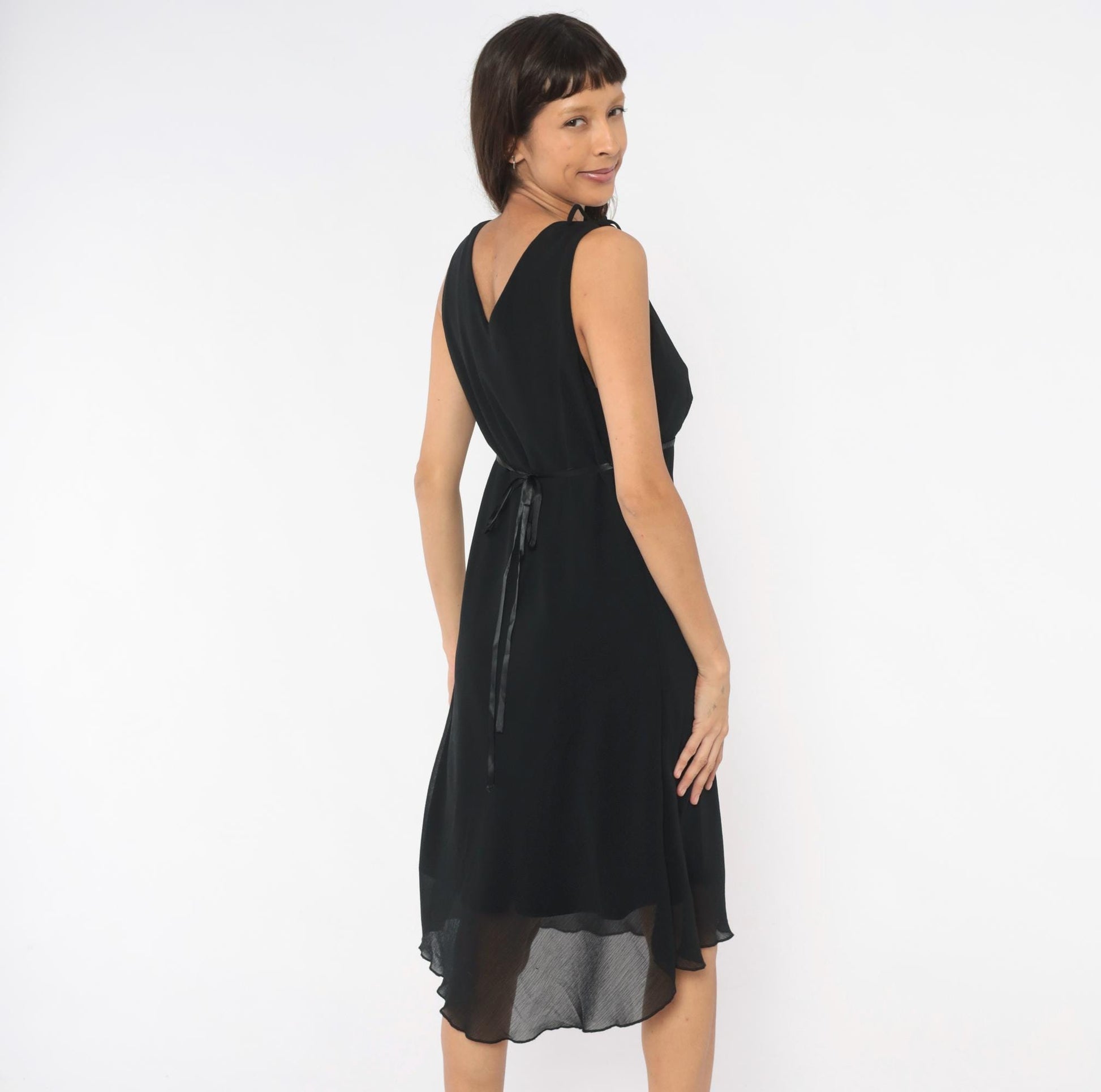 90s Michael Taylor Black Chiffon Wrap Dress Tie Shoulder V Neck Large L