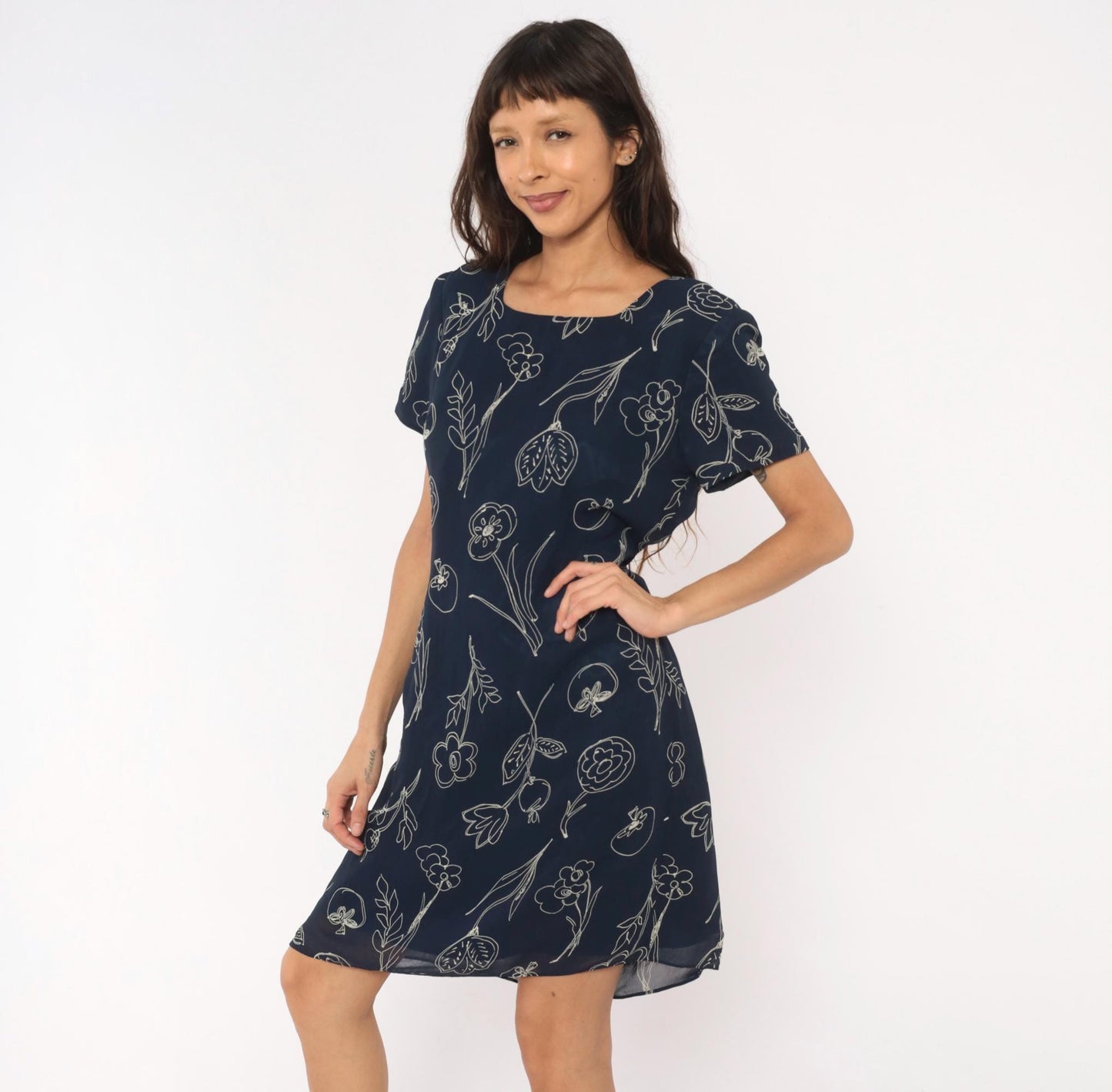 90s Talbots Navy Botanical Line Drawing Knee Dress White Floral Scoop Neck Large L