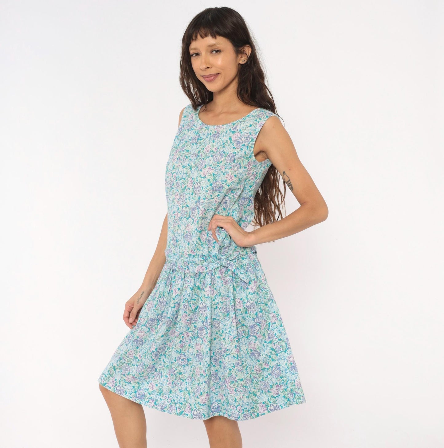 90s Laura Ashley Floral Cotton Sundress Drop Waist Knee-Length Small