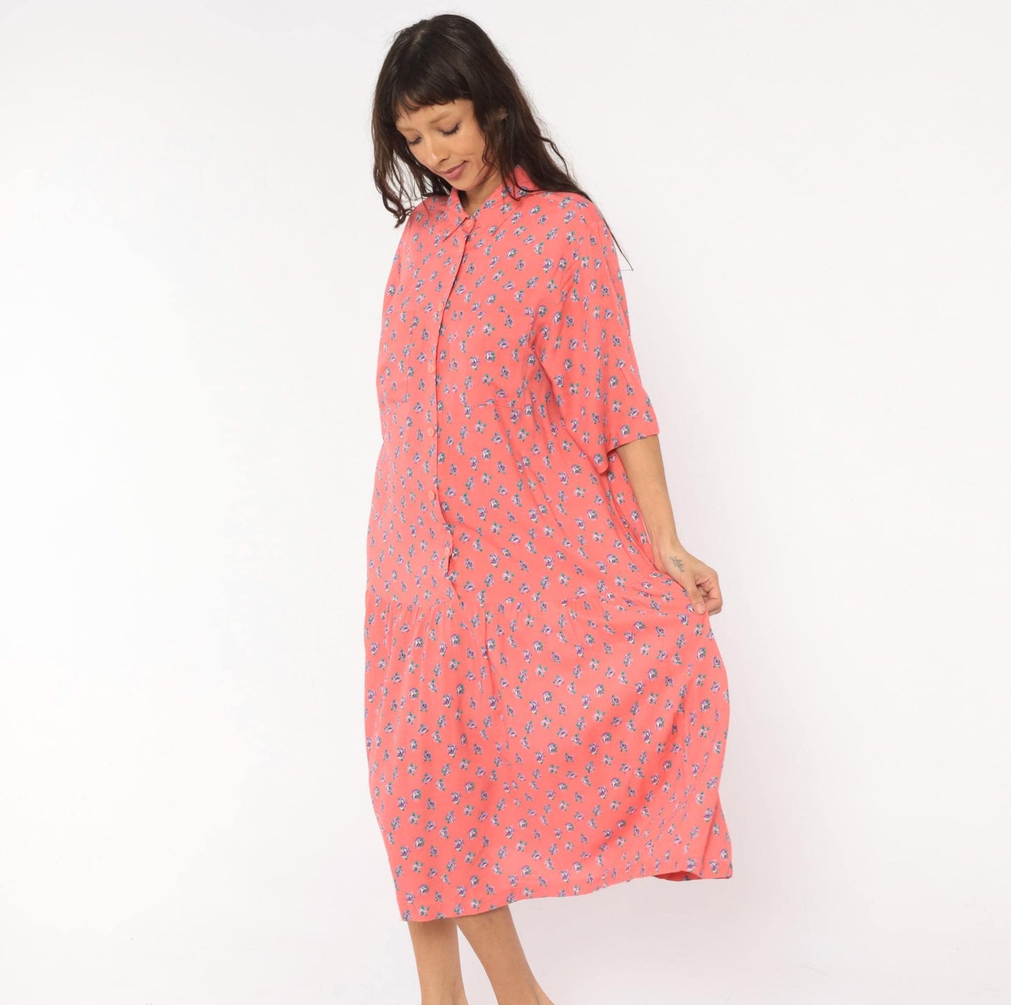 90s Mothercare Maternity Coral Rose Print Midi Dress Button Front Large L