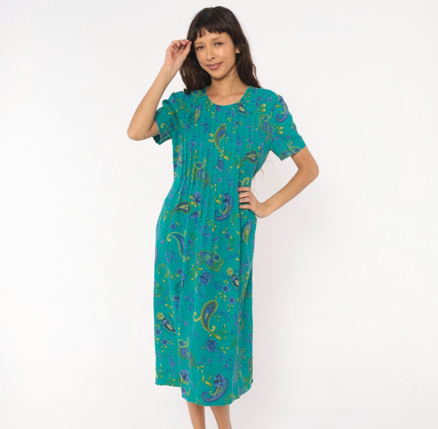 90s Miss Dorby Paisley Pintuck Midi Dress Teal Floral Cotton Medium M