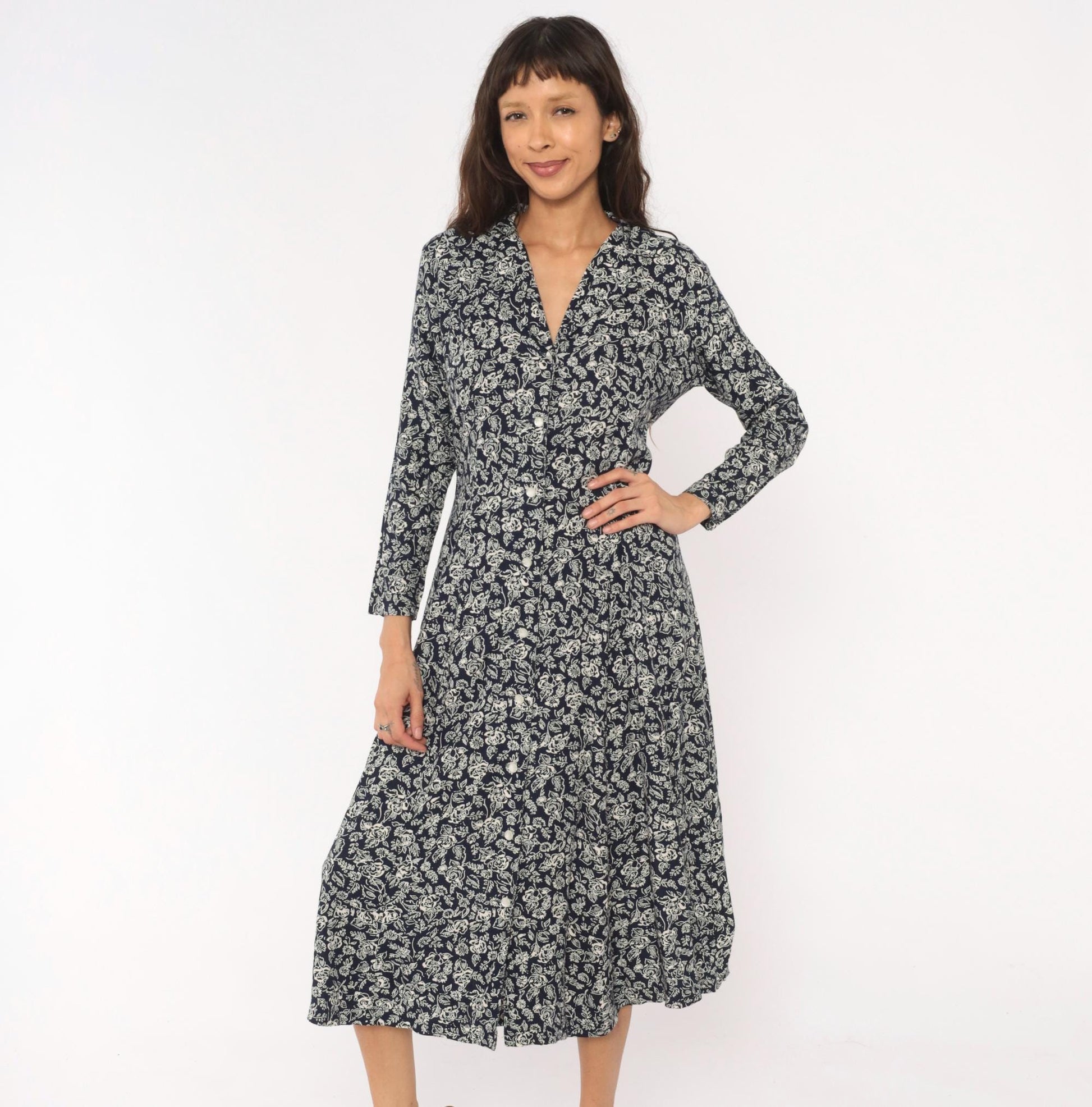 90s Two Twenty Floral Button Front Midi Dress Navy Cream Rose Print Medium M