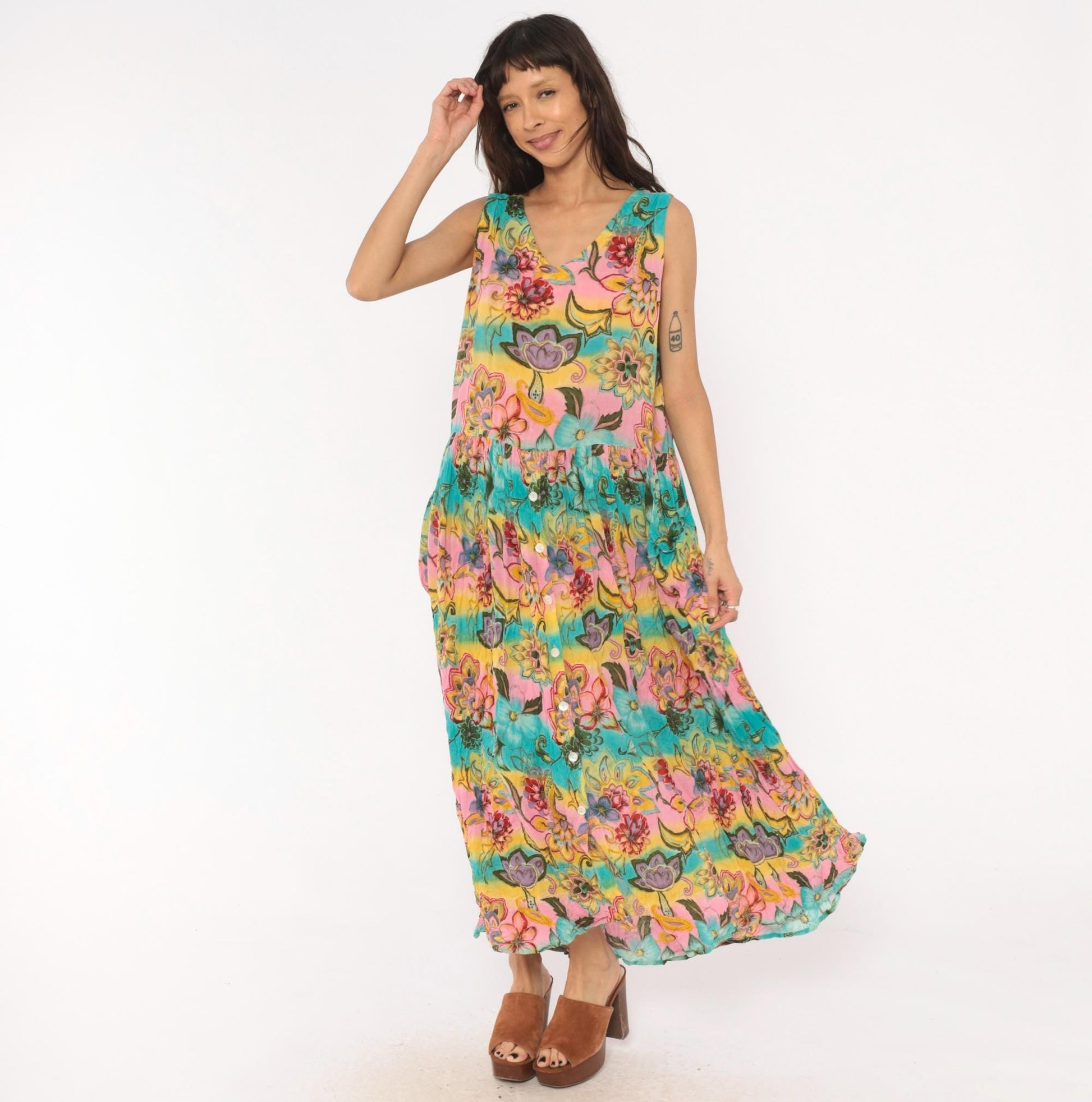 Y2K Bila Floral Maxi Dress Sleeveless V-Neck Tiered Pink Teal Yellow Medium M