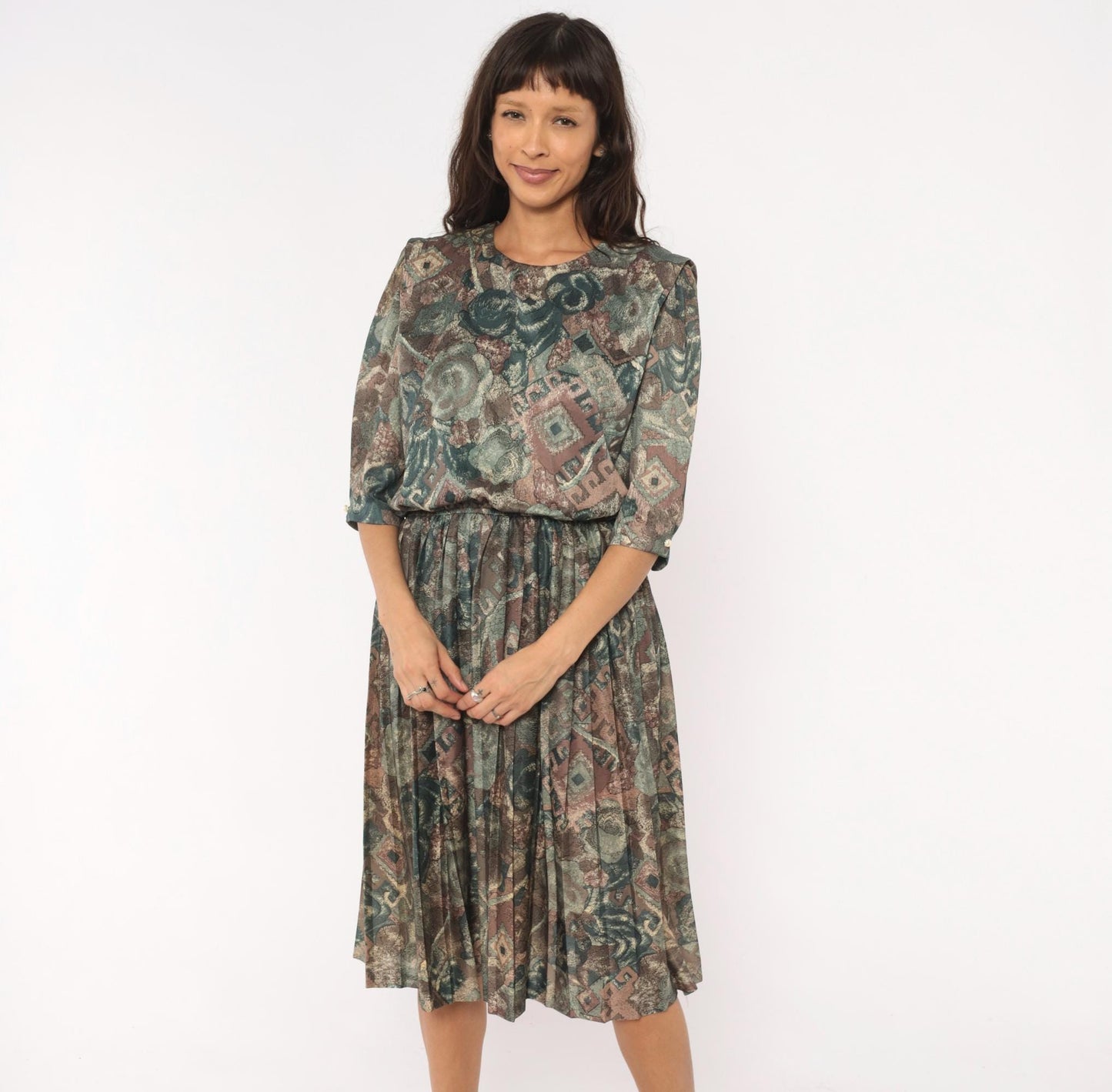 80s M.C.S.Ltd. Abstract Floral Patchwork Dress Puff Sleeve Pleated Knee Teal Medium Large