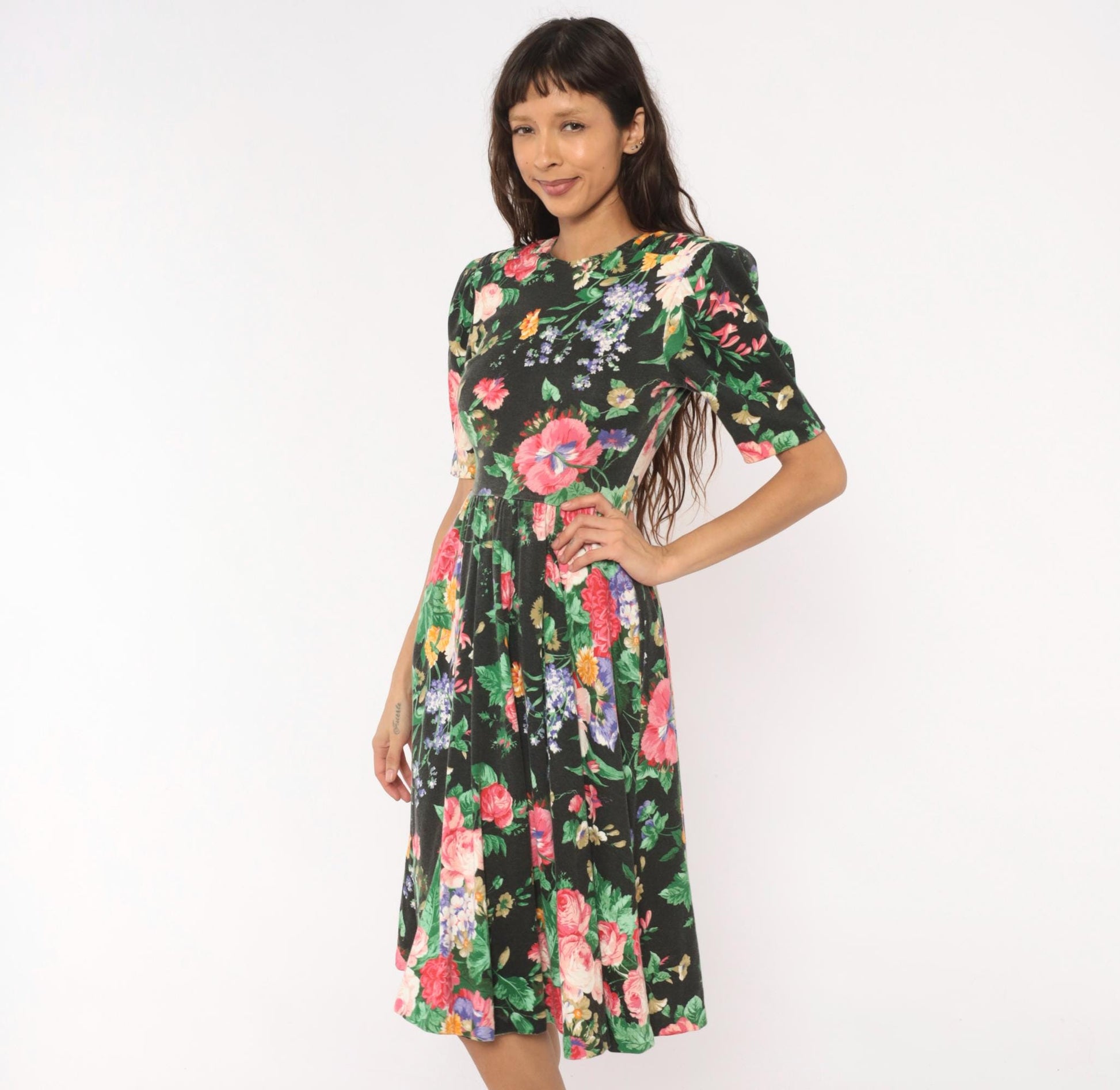 90s Expo Petite Floral Midi Dress Black Pink Puff Sleeve Small
