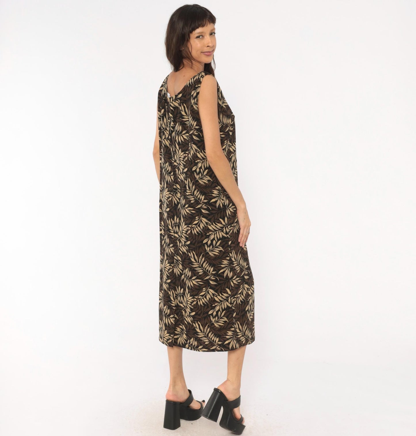 90s Studio I Tropical Leaf Print Midi Dress Sleeveless V-Neck Black Large L