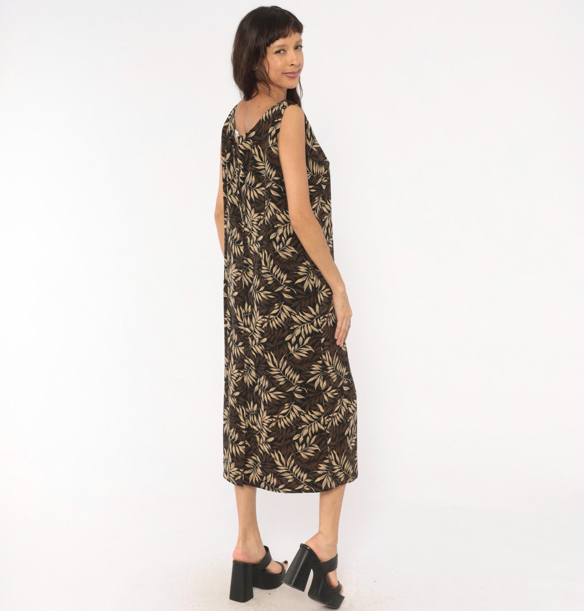 90s Studio I Tropical Leaf Print Midi Dress Sleeveless V-Neck Black Large L